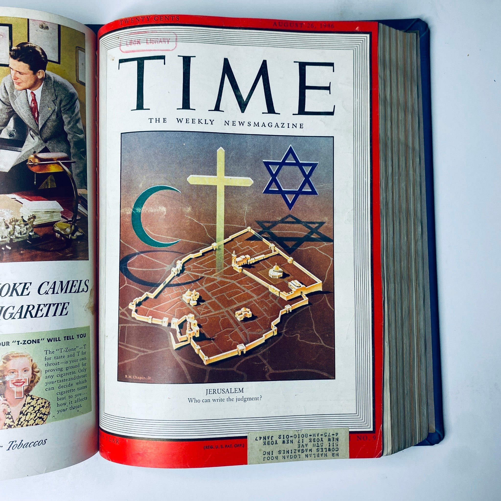 Time Magazine cover depicting a map of Jerusalem with religious symbols, August 26, 1946, as part of the Time Library Bound collection of July to September 1946, illustrating Mid-East political issues.