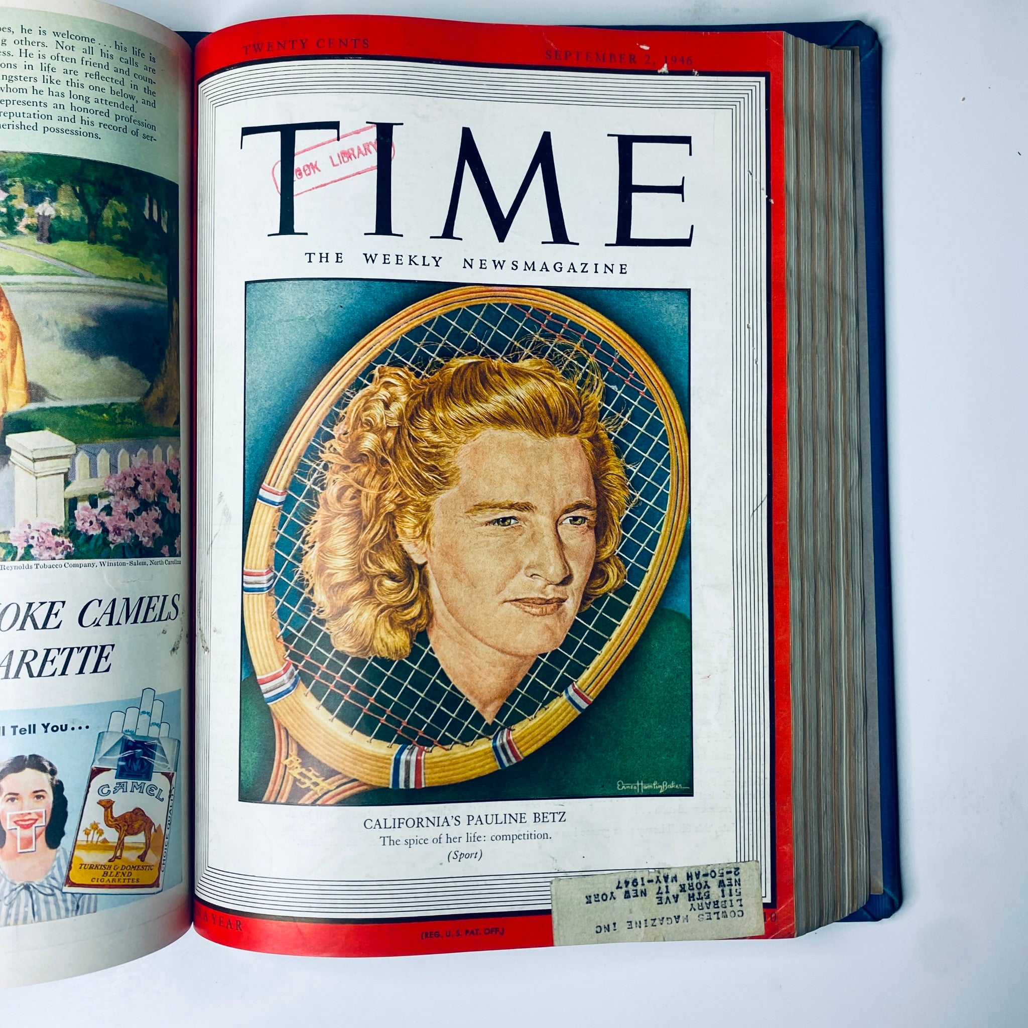 Time Magazine cover featuring Pauline Betz, American Tennis Champion, September 2, 1946, as part of the Time Library Bound collection of July to September 1946, highlighting cultural achievements post-war.