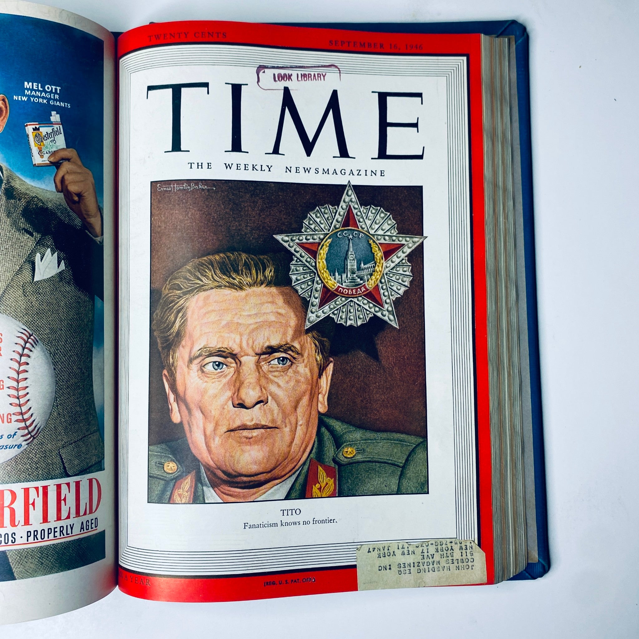 Cover of Time Magazine from September 16, 1946, showcasing Josip Broz Tito with the title "Tito" from the Time Library Bound July 8, 1946 - September 30, 1946 Albert Einstein edition.