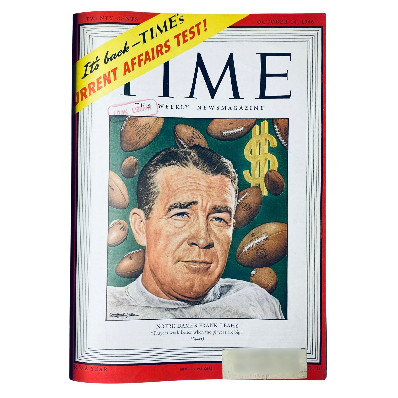 Cover of Time Magazine dated October 14, 1946, featuring Frank Leahy, head football coach of Notre Dame, and images of footballs. Title: Time Magazine Library Bound Weekly October 7, 1946 - December 30, 1946.