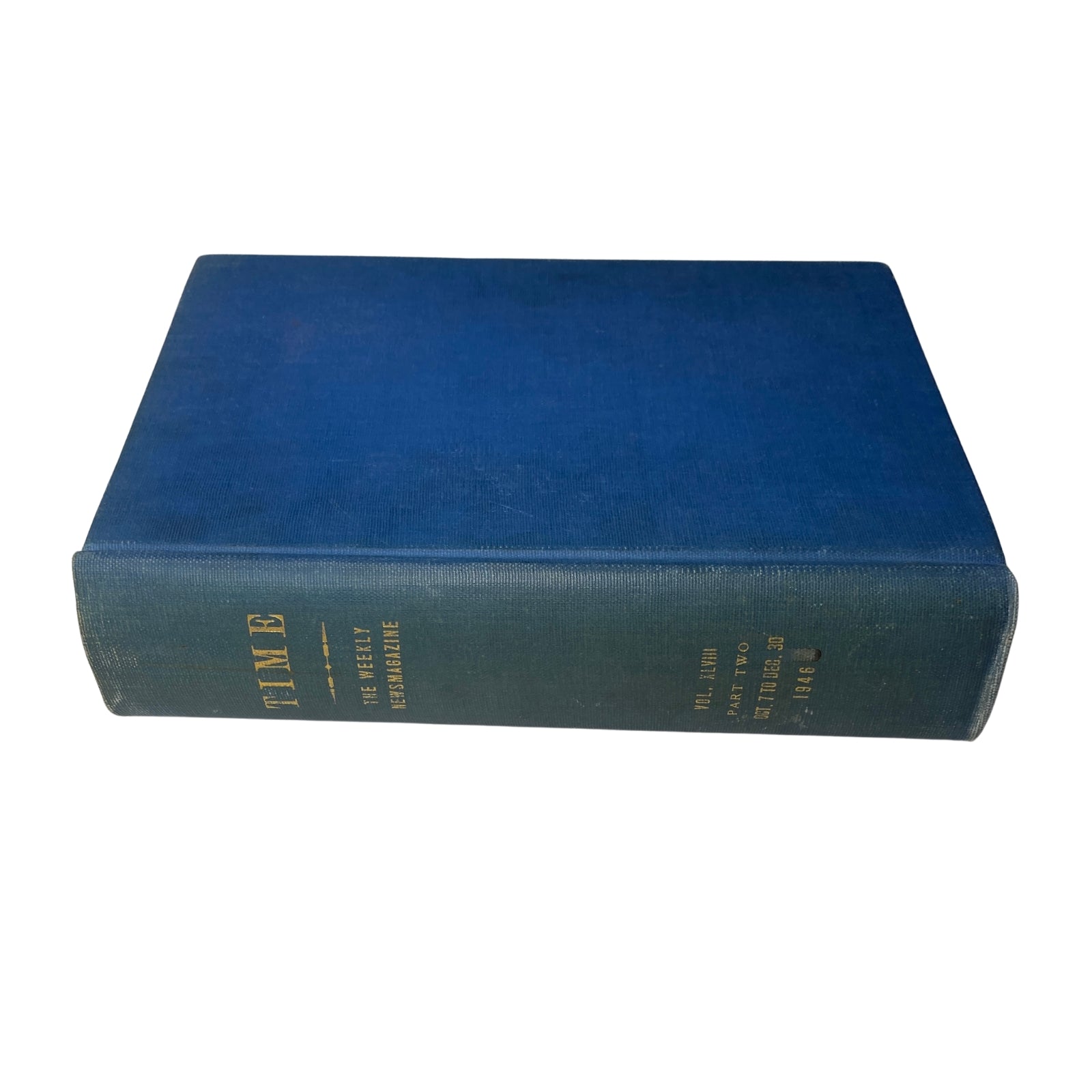 Side view of the blue bound Time Magazine Library edition indicating it contains issues from 1946. Title: Time Magazine Library Bound Weekly October 7, 1946 - December 30, 1946.