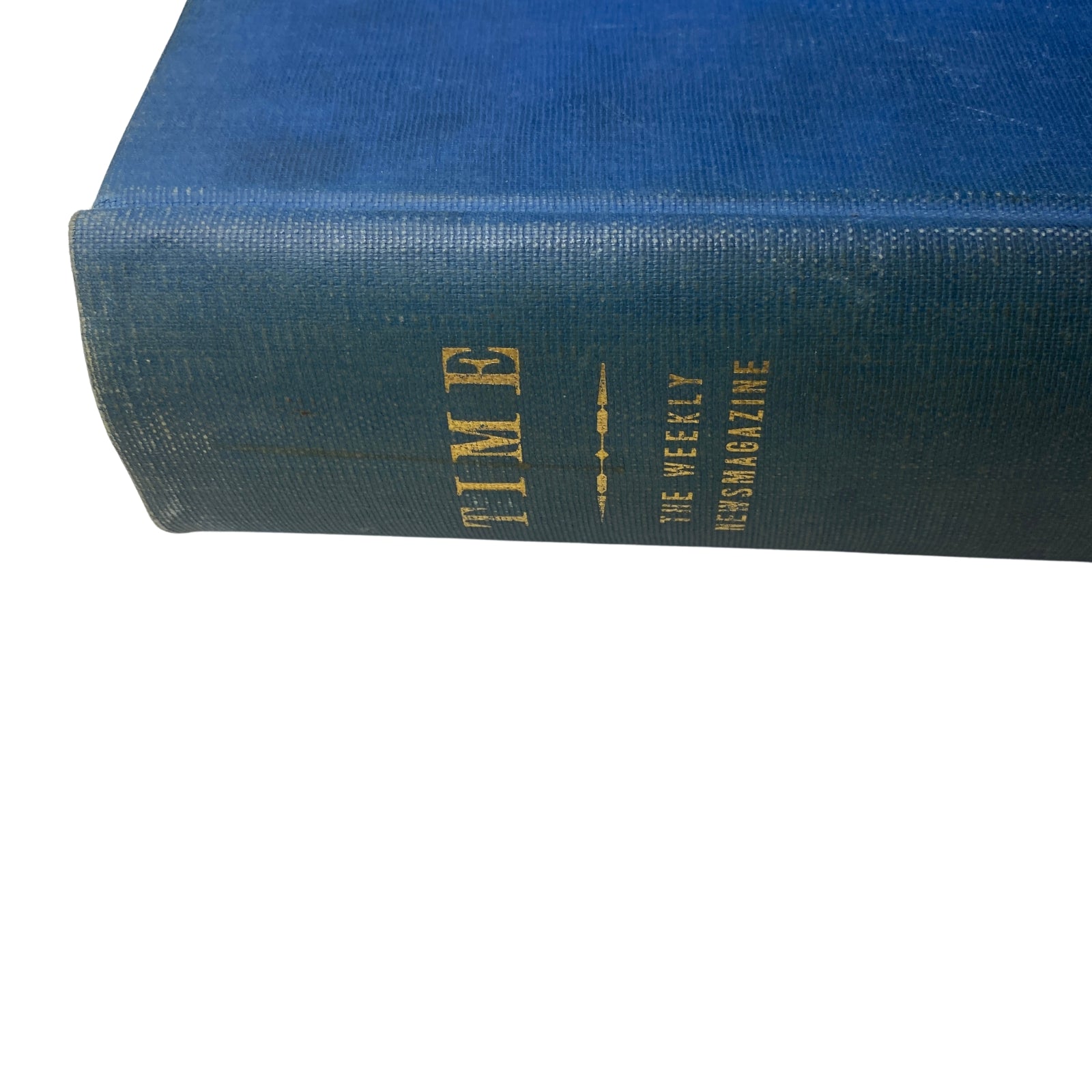 Spine view of 'Time Library Bound Weekly Magazine – October 7 to December 30, 1946' showing gold lettering and blue fabric binding.