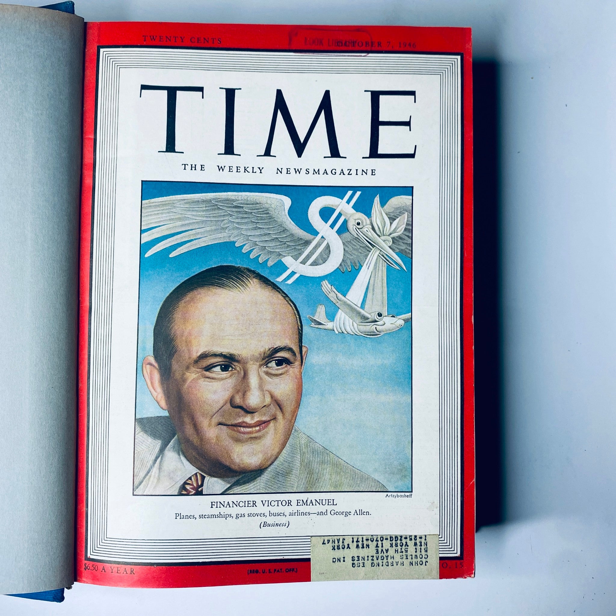 Cover of the 'Time Library Bound Weekly Magazine – October 7 to December 30, 1946' featuring financier Victor Emanuel and the magazine's iconic logo.