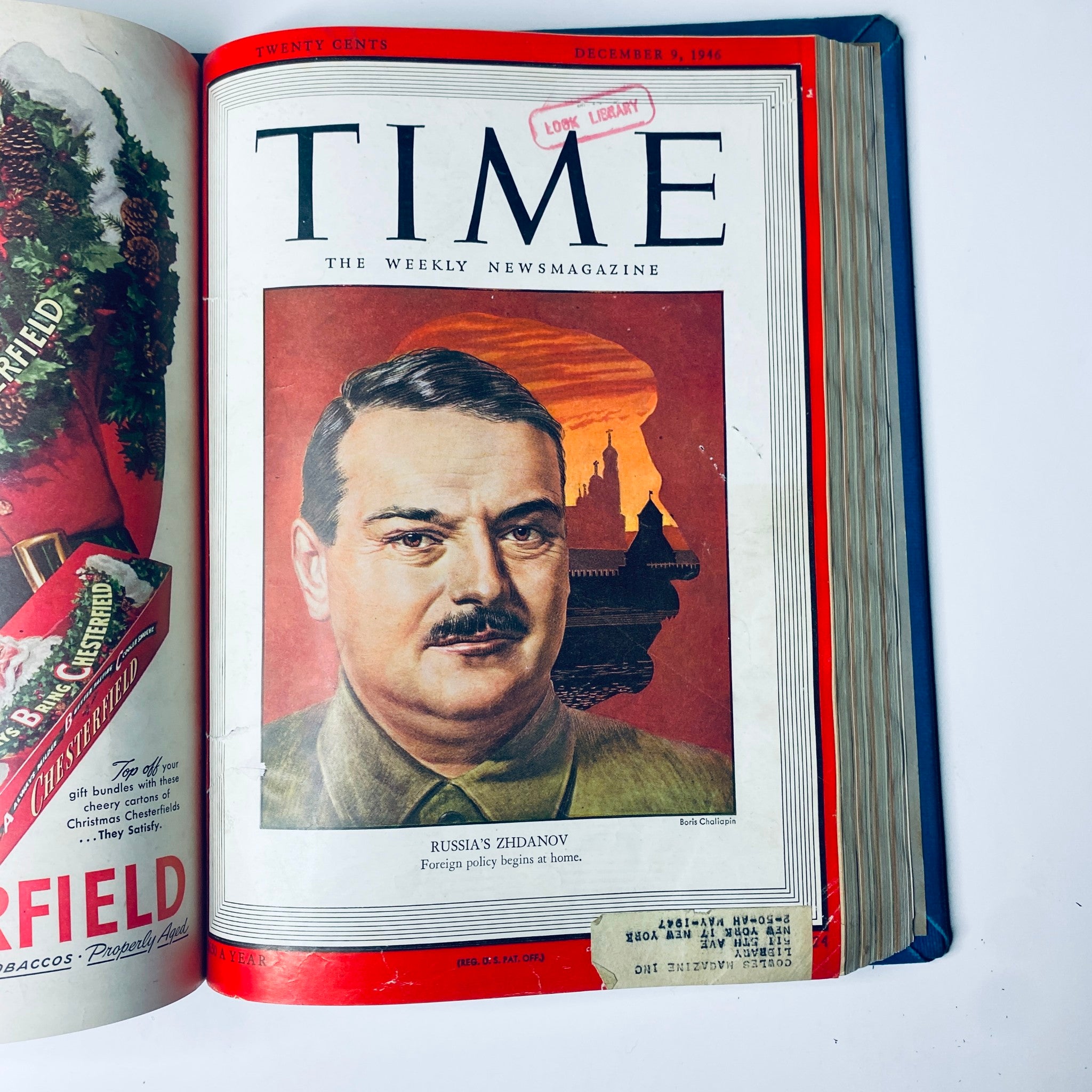 Time Magazine Library Bound Weekly - December 9, 1946 issue showcasing Andrei Zhdanov, a prominent Soviet politician, with a backdrop of the Kremlin.