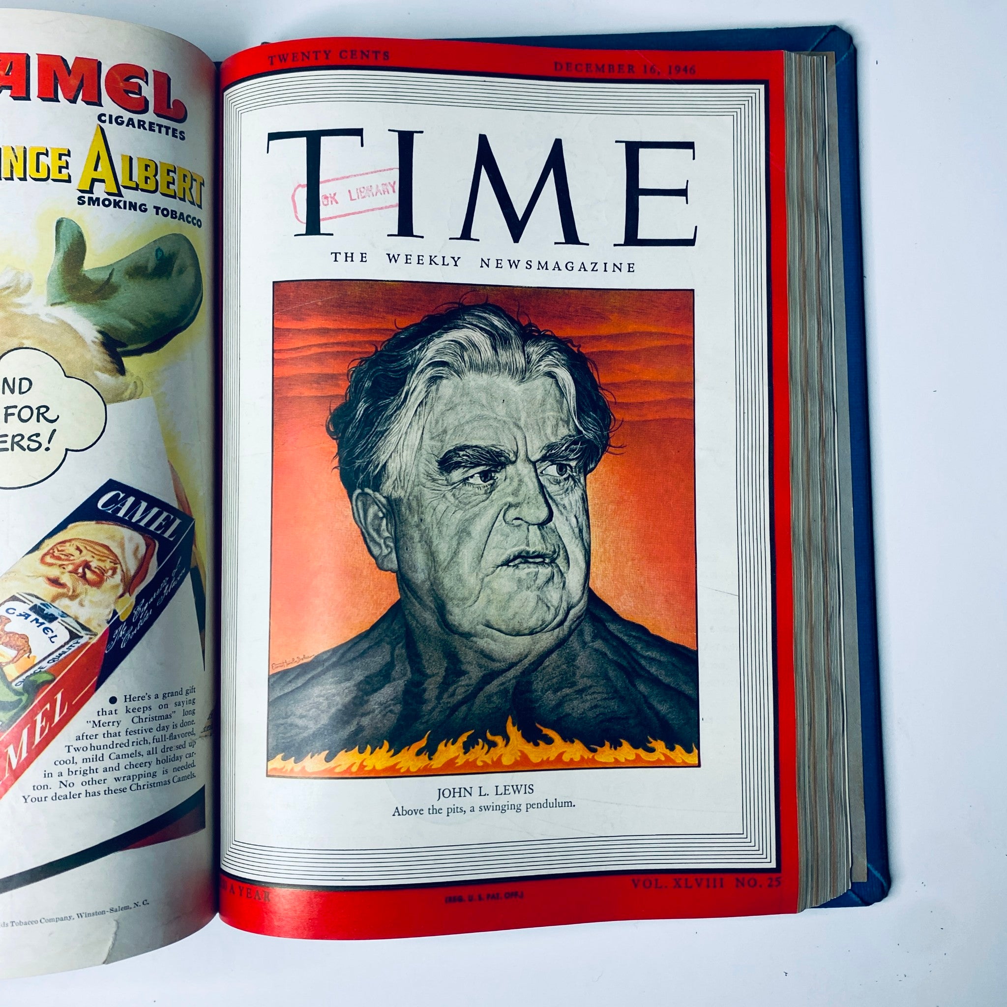 Time Magazine Library Bound Weekly - December 16, 1946 issue highlighting John L. Lewis, President of the United Mine Workers, depicted with a dramatic fiery background.