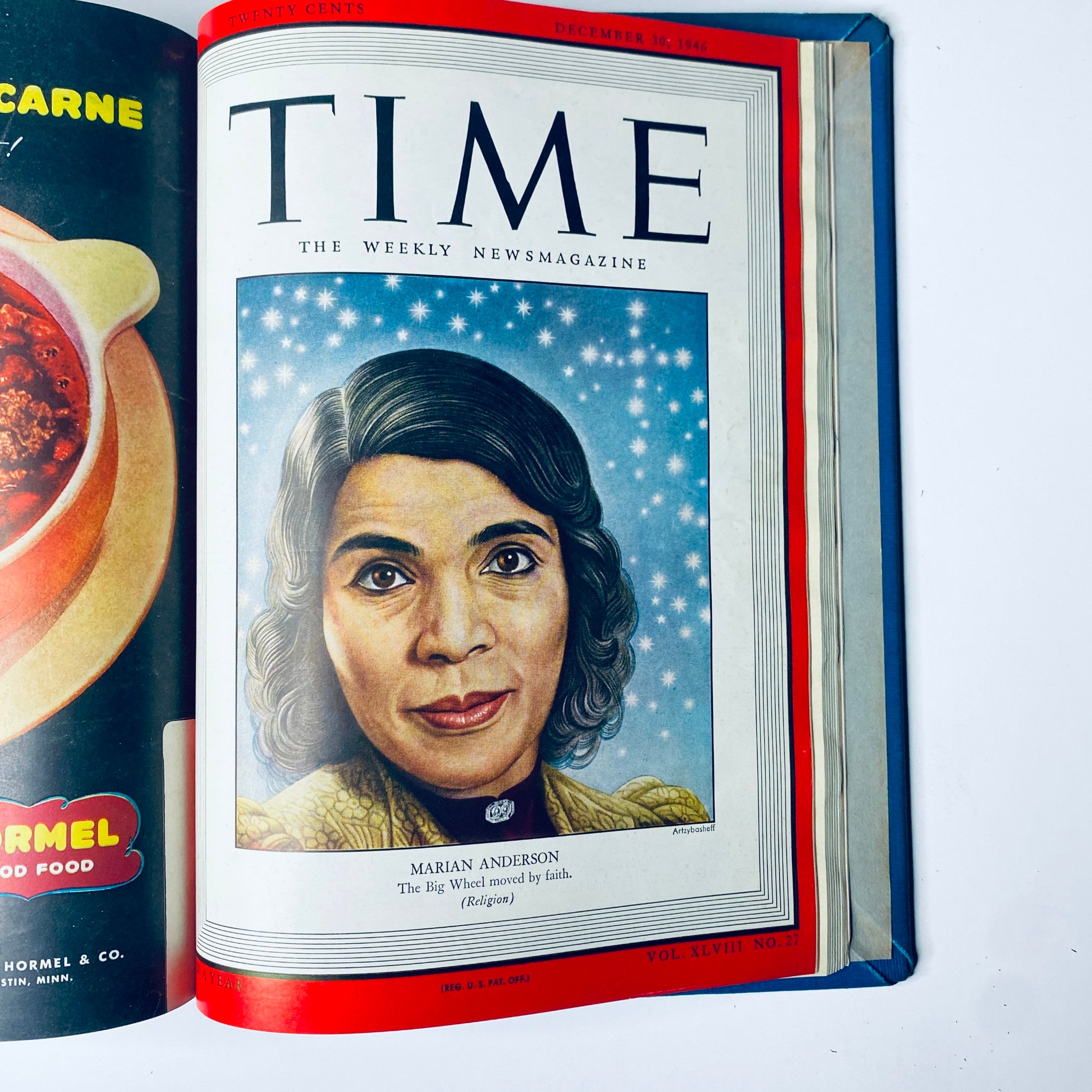 Time Magazine Library Bound Weekly - December 30, 1946 issue presenting Marian Anderson, celebrated contralto and civil rights icon, with a snowy starry background.