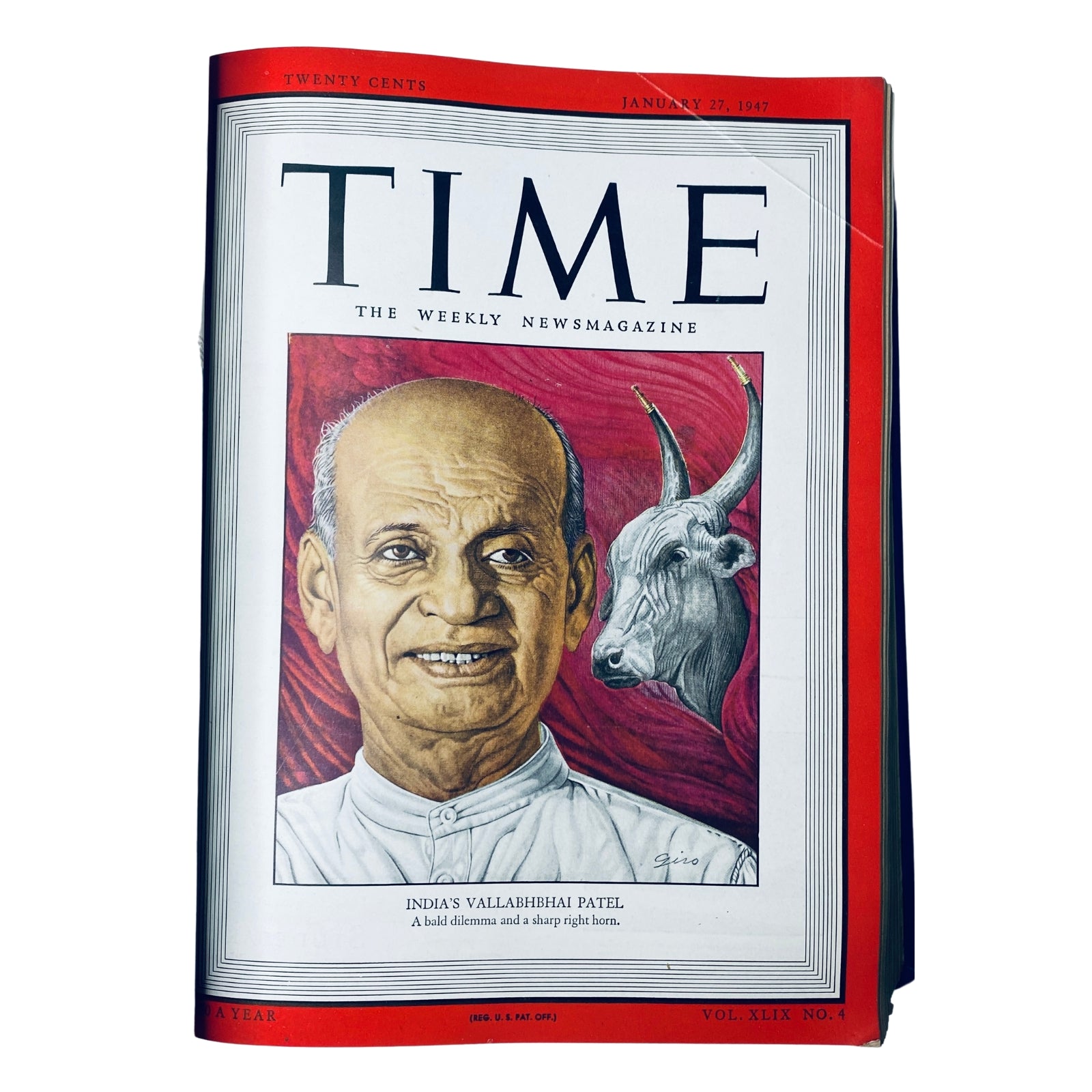 Cover of Time Magazine featuring India's Vallabhbhai Patel, dated January 27, 1947, from the Time Magazine Library Bound Weekly January 6, 1947 - March 31, 1947. The vibrant illustration captures Patel alongside a bull and includes the tagline 'A bald dilemma and a sharp right horn.'
