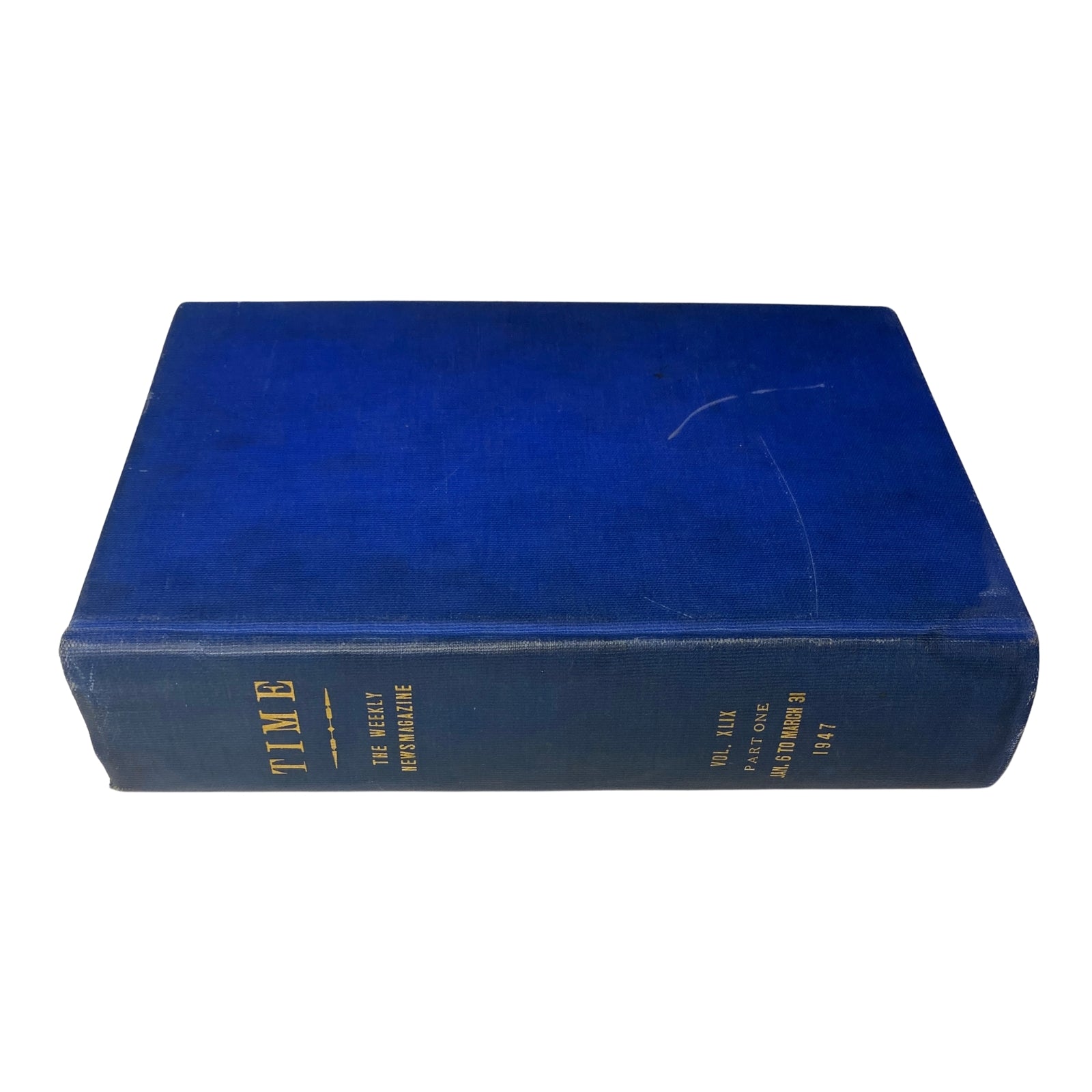 Time Magazine Library Bound Weekly January 6, 1947 - March 31, 1947 featuring a blue bound cover with gold text.