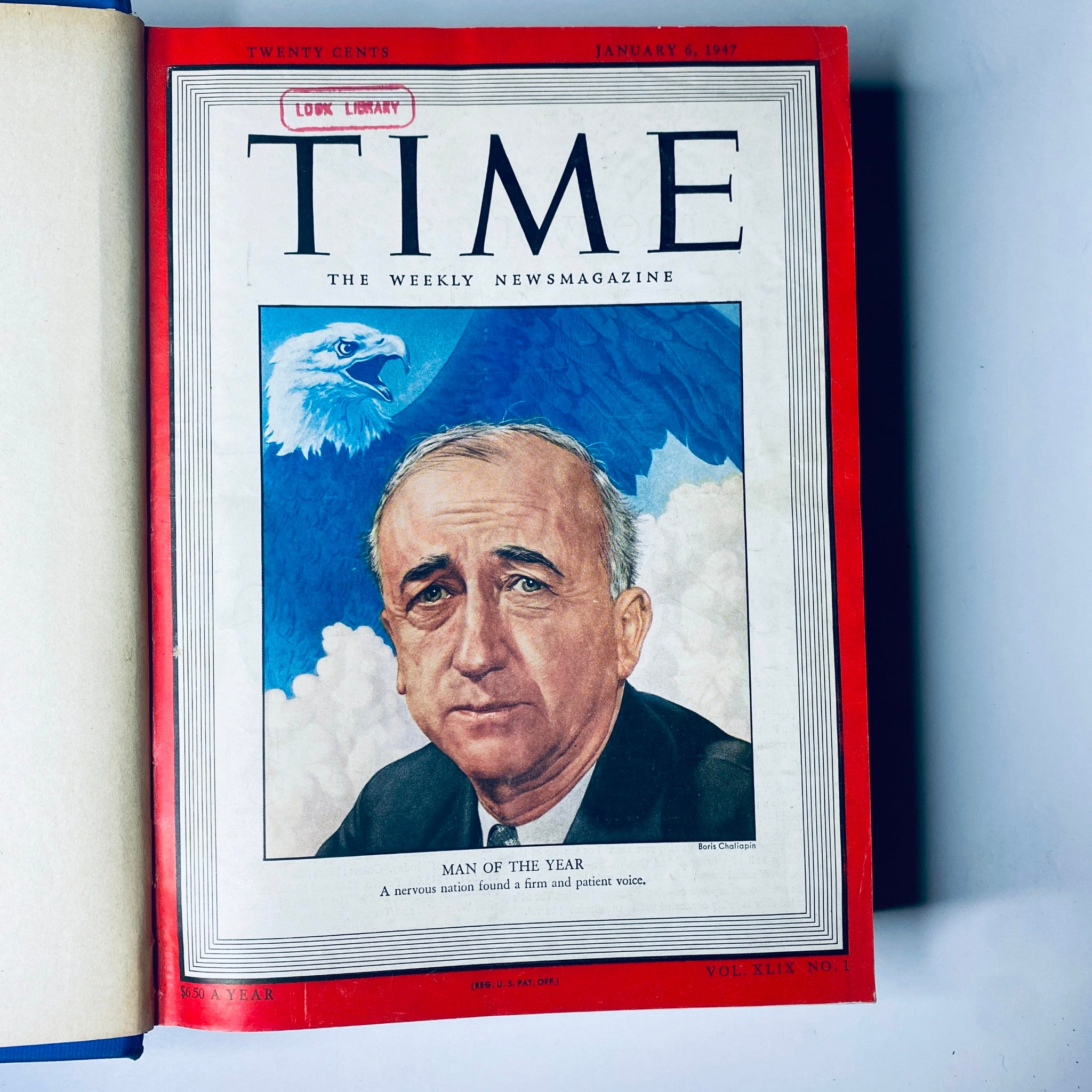 First issue page of Time Magazine Library Bound Weekly January 6, 1947 - March 31, 1947 featuring the cover story of 'Man of the Year'.
