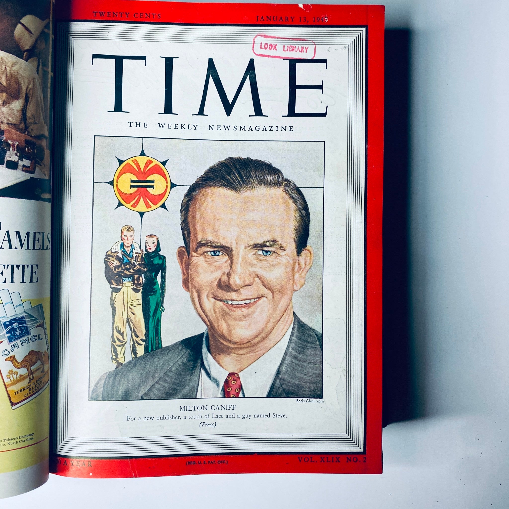 Cover of Time Library Bound Weekly Magazine for January 13, 1947 featuring Milton Caniff, comic strip artist.
