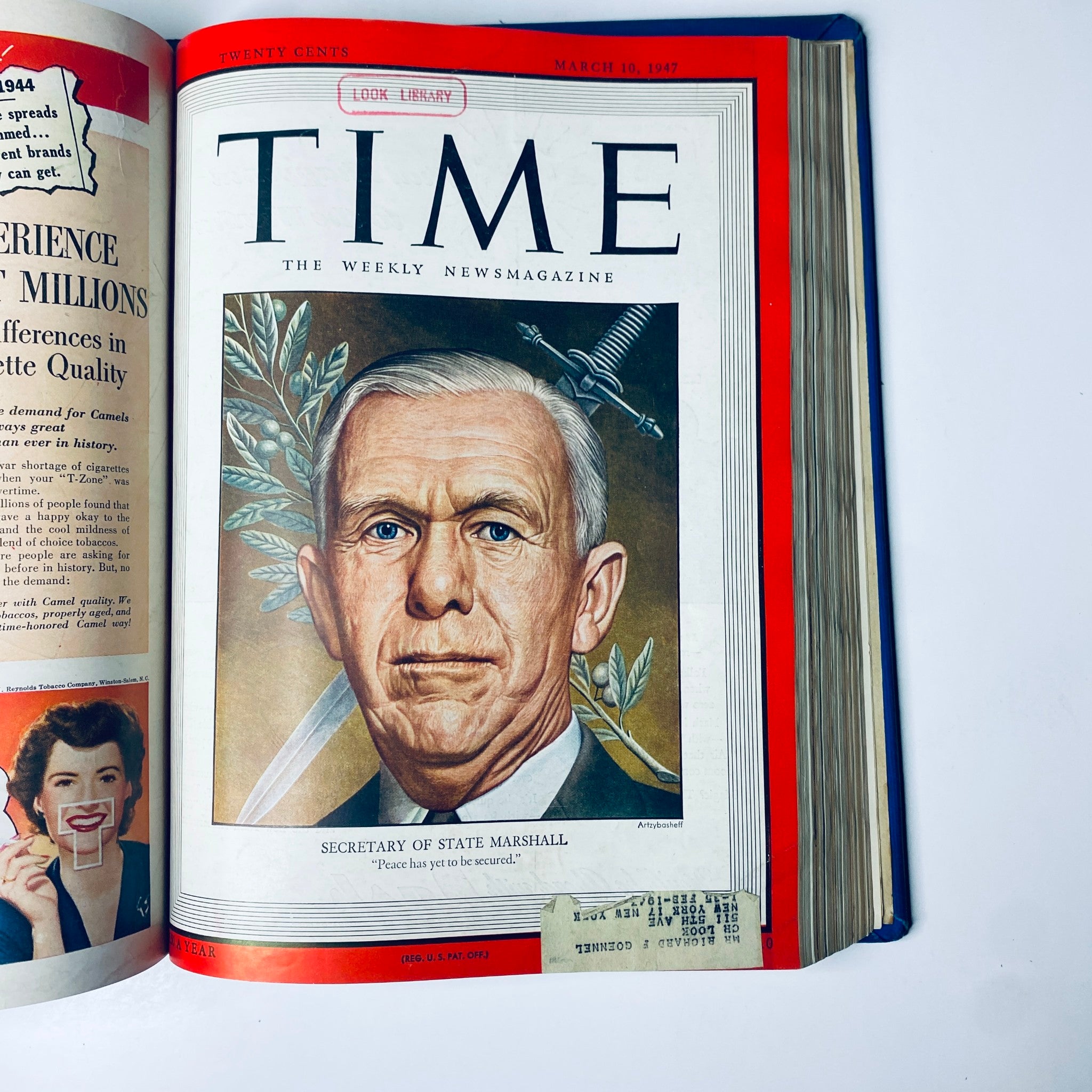 Cover of Time Magazine Library Bound Weekly January 6 to March 31, 1947 featuring George C. Marshall, U.S. Secretary of State, addressing postwar peace.