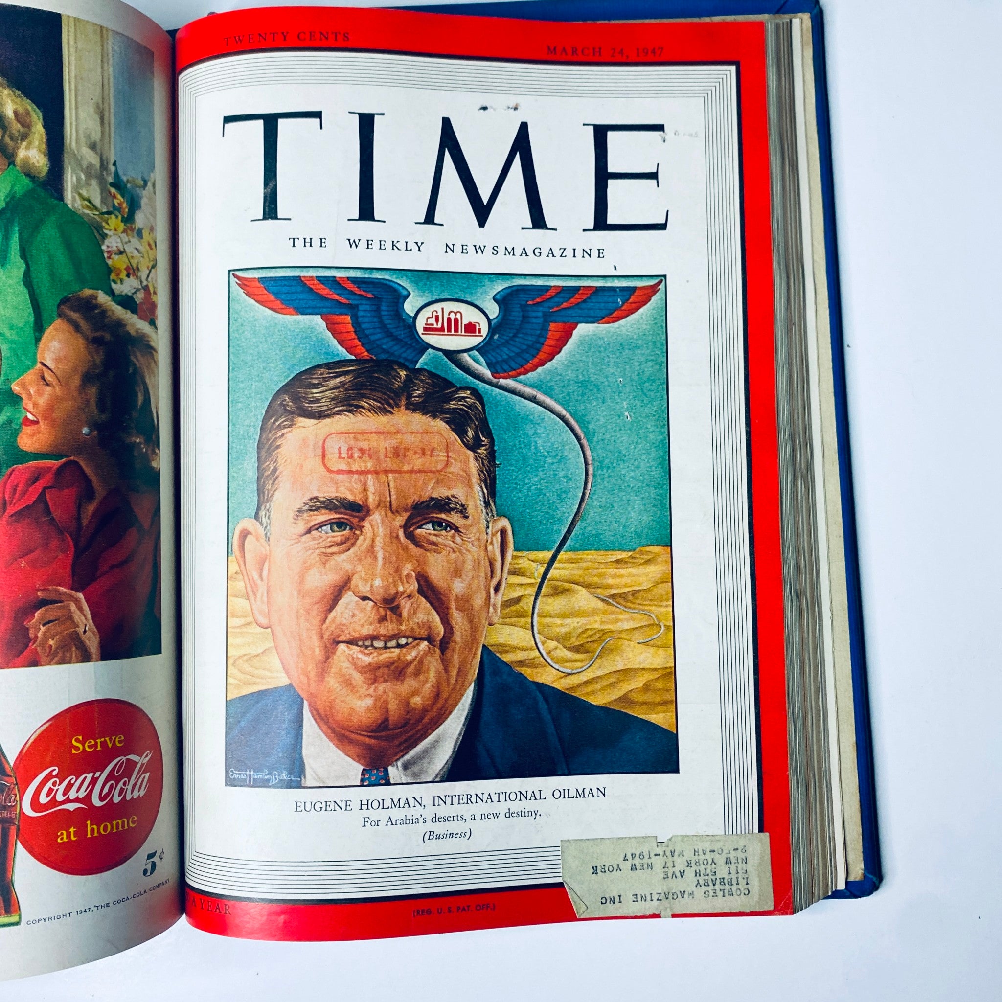 Cover of Time Magazine Library Bound Weekly January 6 to March 31, 1947 depicting Eugene Holman, an international oilman, focusing on Arabian business opportunities.