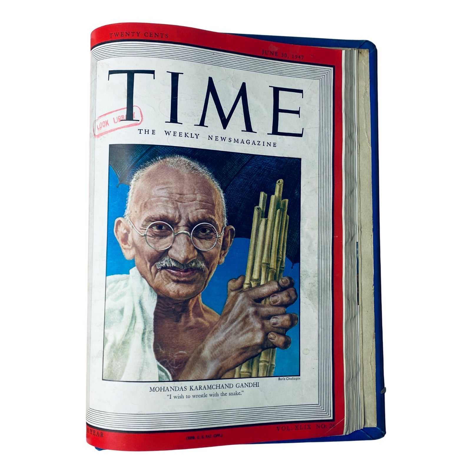 Cover of Time Magazine Library Bound Weekly from April 7 to June 30, 1947 featuring Mohandas Karamchand Gandhi, highlighting the quote "I wish to wrestle with the snake."