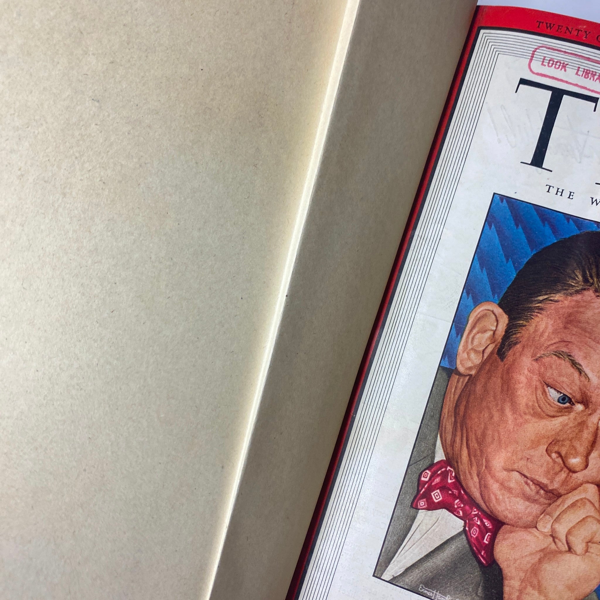 Close-up view of the cover of Time Magazine April 7, 1947, showing Fred Allen and 'LOOK LIBRARY' stamp.