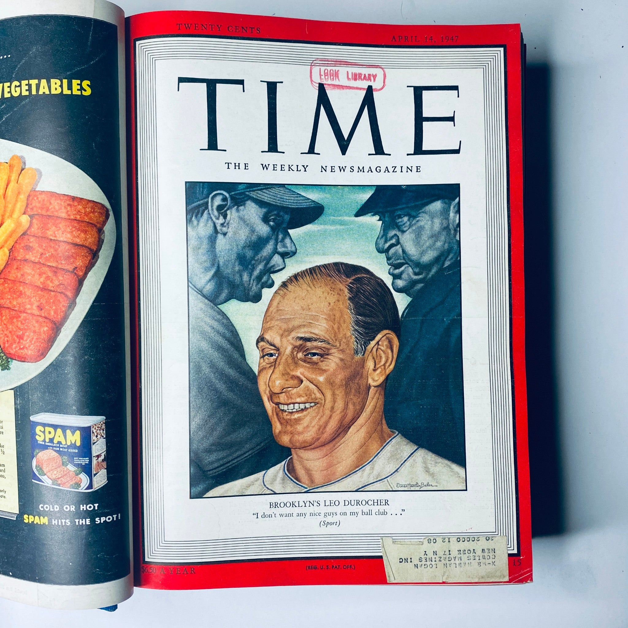 Inside cover of Time Magazine dated April 14, 1947, featuring Leo Durocher, from the Time Library Bound Weekly collection.