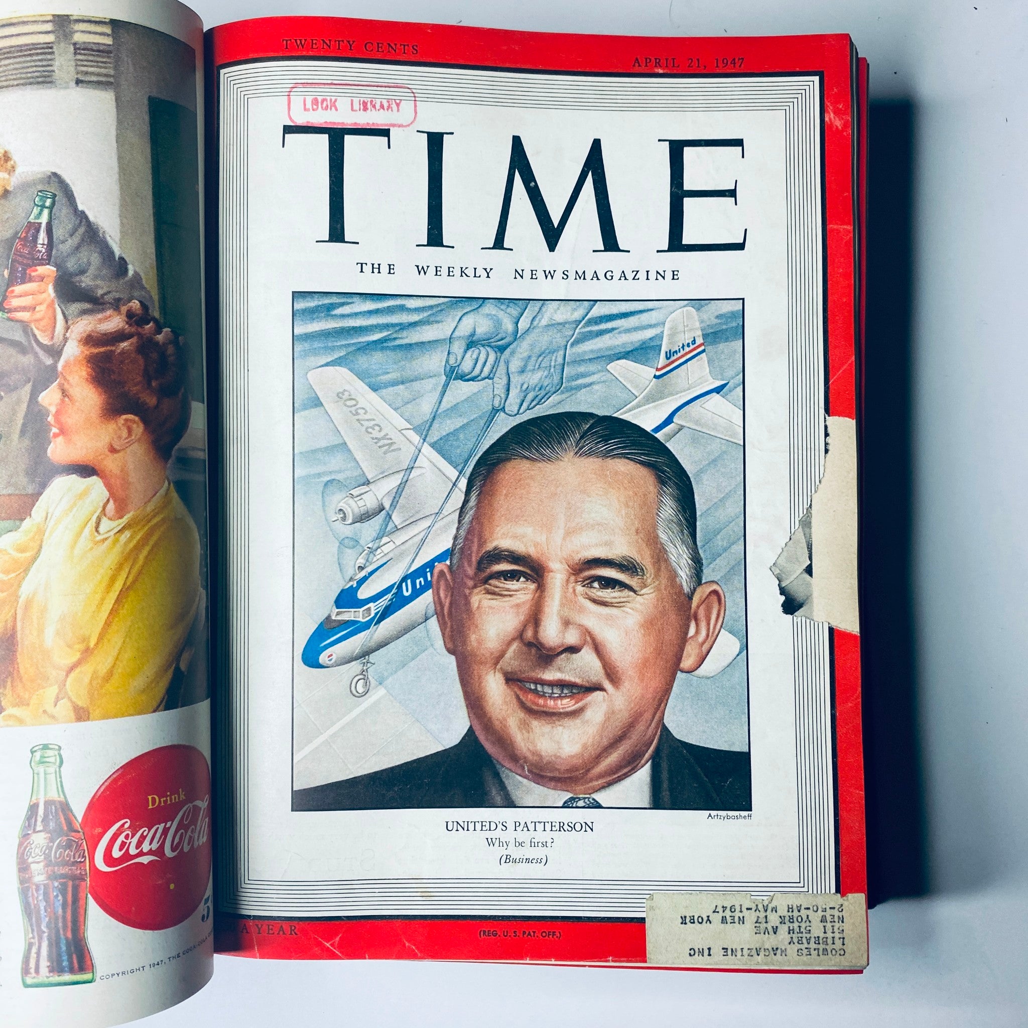 Inside view of Time Magazine dated April 21, 1947, showcasing United's Patterson, as part of the Library Bound Weekly collection.
