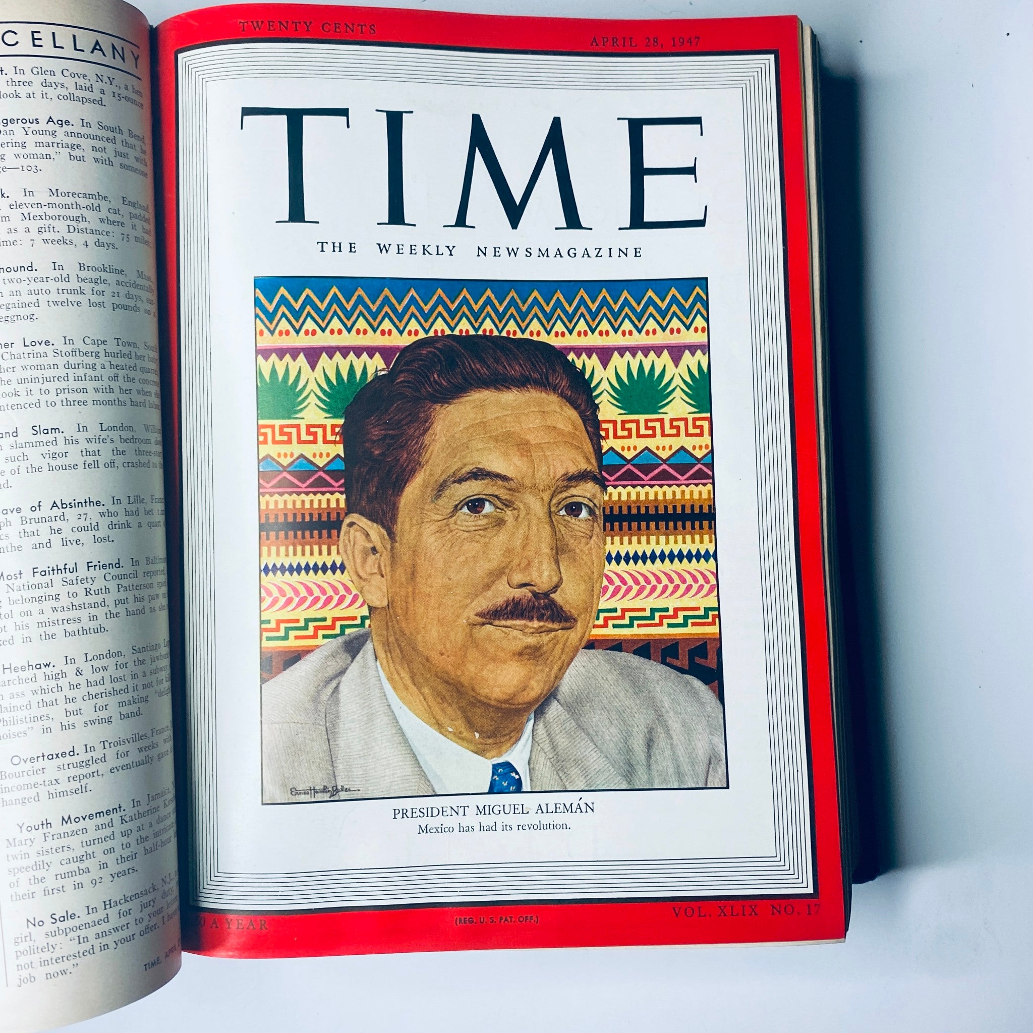 Time Magazine Library Bound Weekly April 7, 1947 - June 30, 1947 featuring a portrait of President Miguel Alemán of Mexico, highlighting political events from the period.