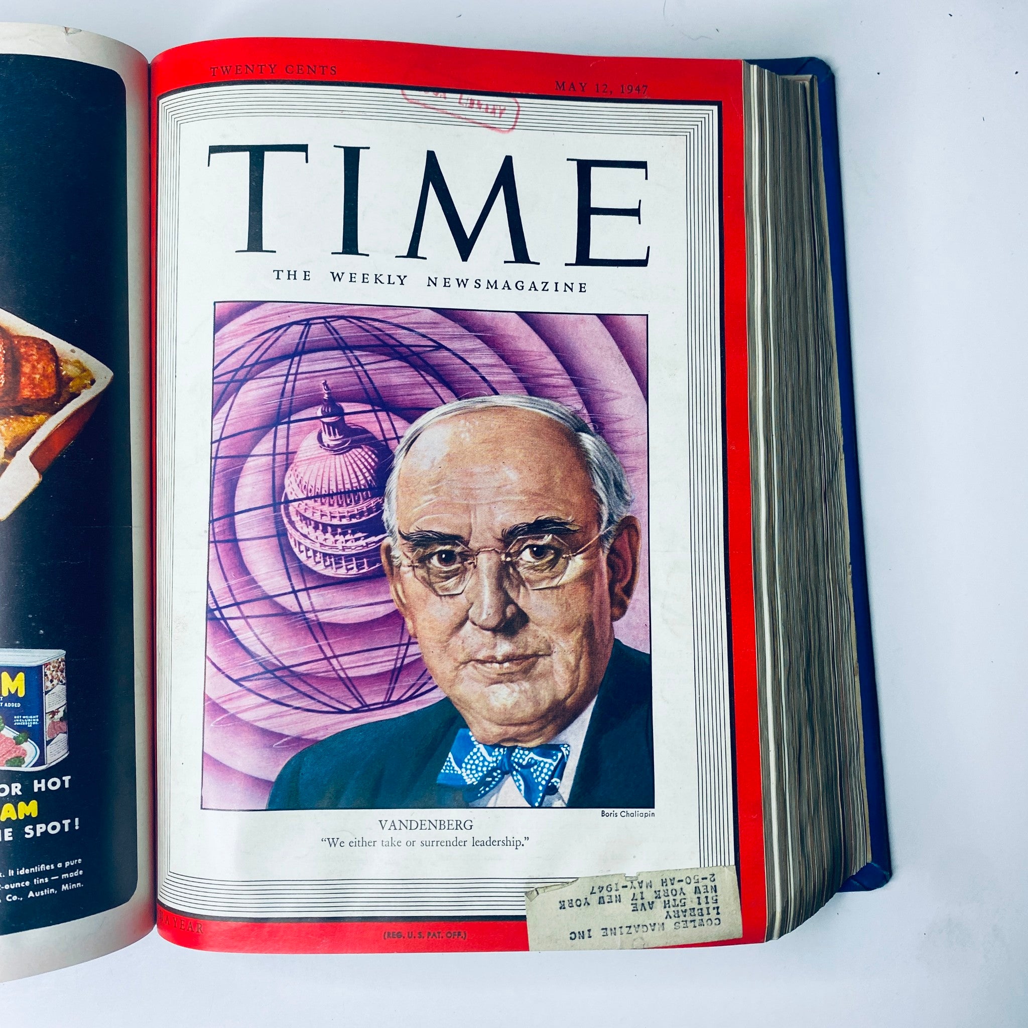 Time Magazine Library Bound Weekly April 7, 1947 - June 30, 1947 featuring U.S. Senator Arthur H. Vandenberg on the cover, addressing American government actions of the era.