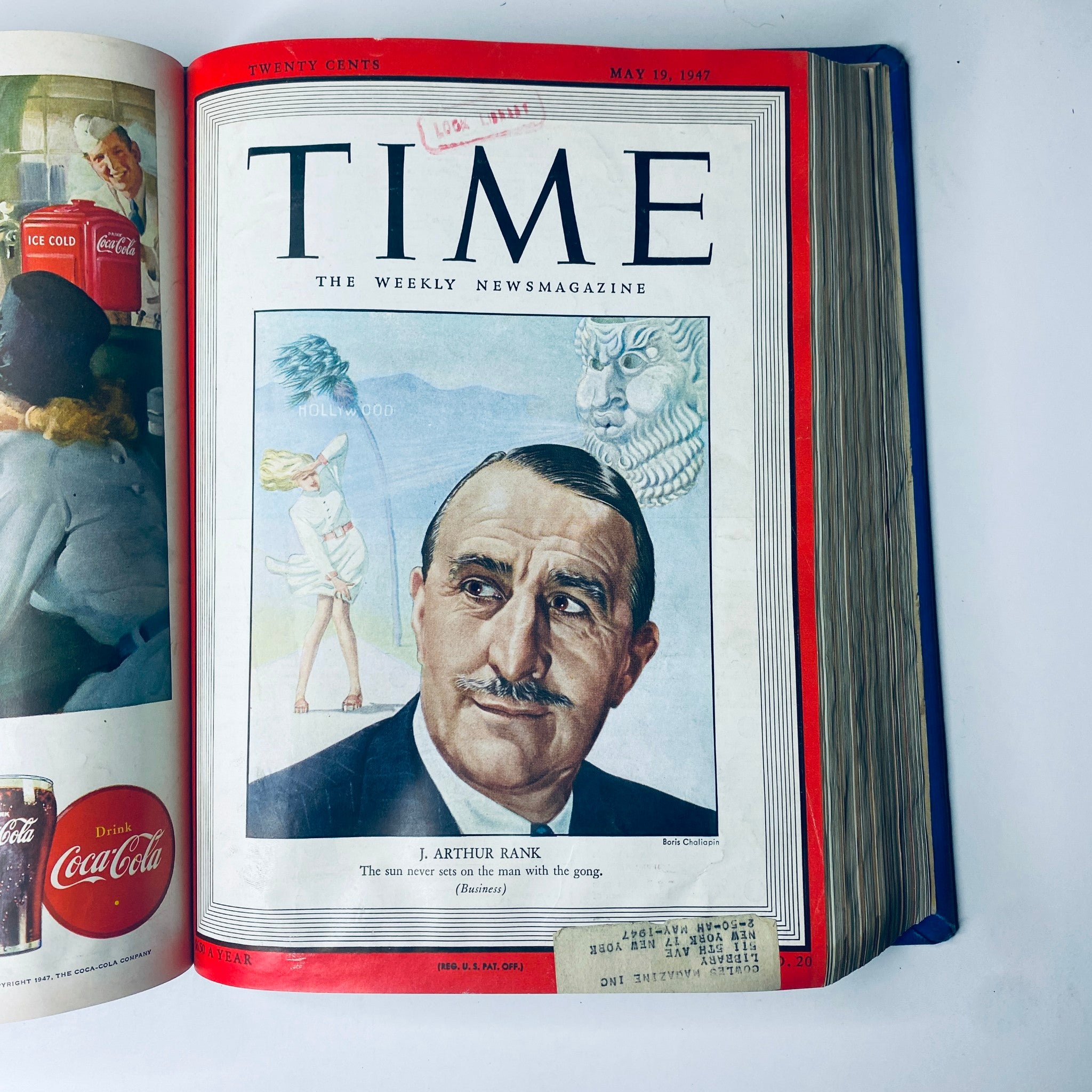 Time Magazine Library Bound Weekly April 7, 1947 - June 30, 1947 with the cover image of J. Arthur Rank, spotlighting Hollywood and its influence in post-war America.