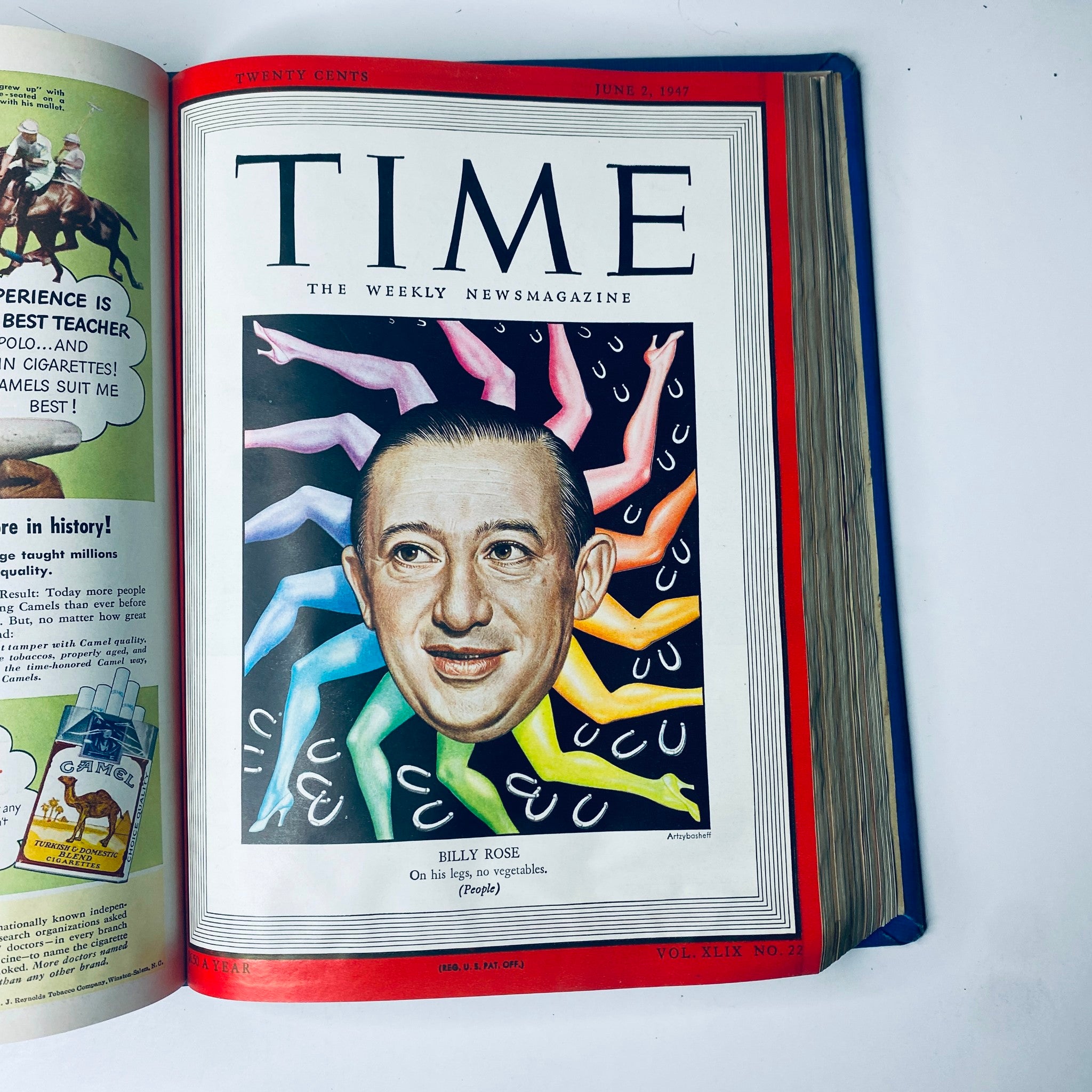 Cover of Time Magazine from June 2, 1947 featuring Billy Rose, with vibrant artwork and bold typography. Time Magazine Library Bound Weekly April 7, 1947 - June 30, 1947 Mohandas Gandhi.