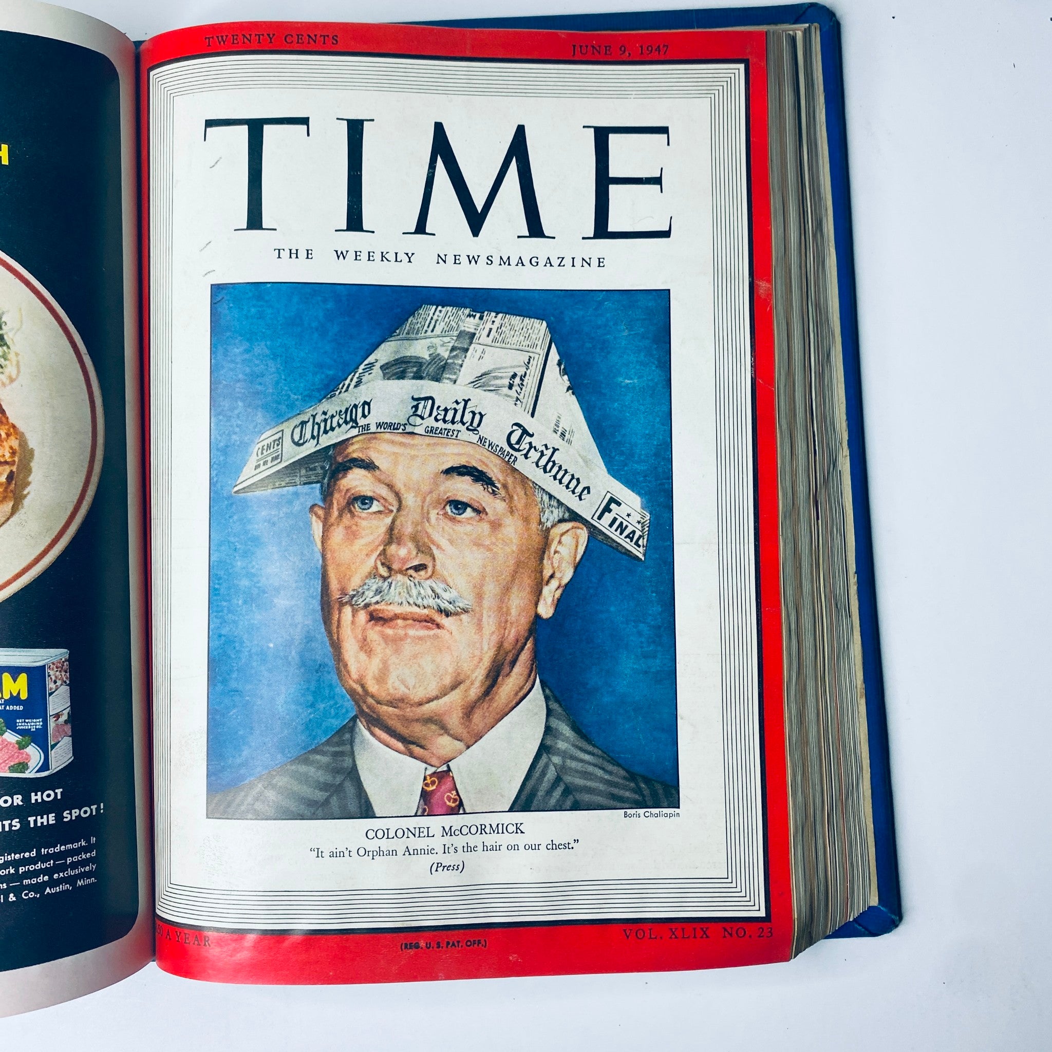 Cover of Time Magazine from June 9, 1947 showcasing Colonel McCormick, adorned with a newspaper hat and striking colors. Time Magazine Library Bound Weekly April 7, 1947 - June 30, 1947 Mohandas Gandhi.