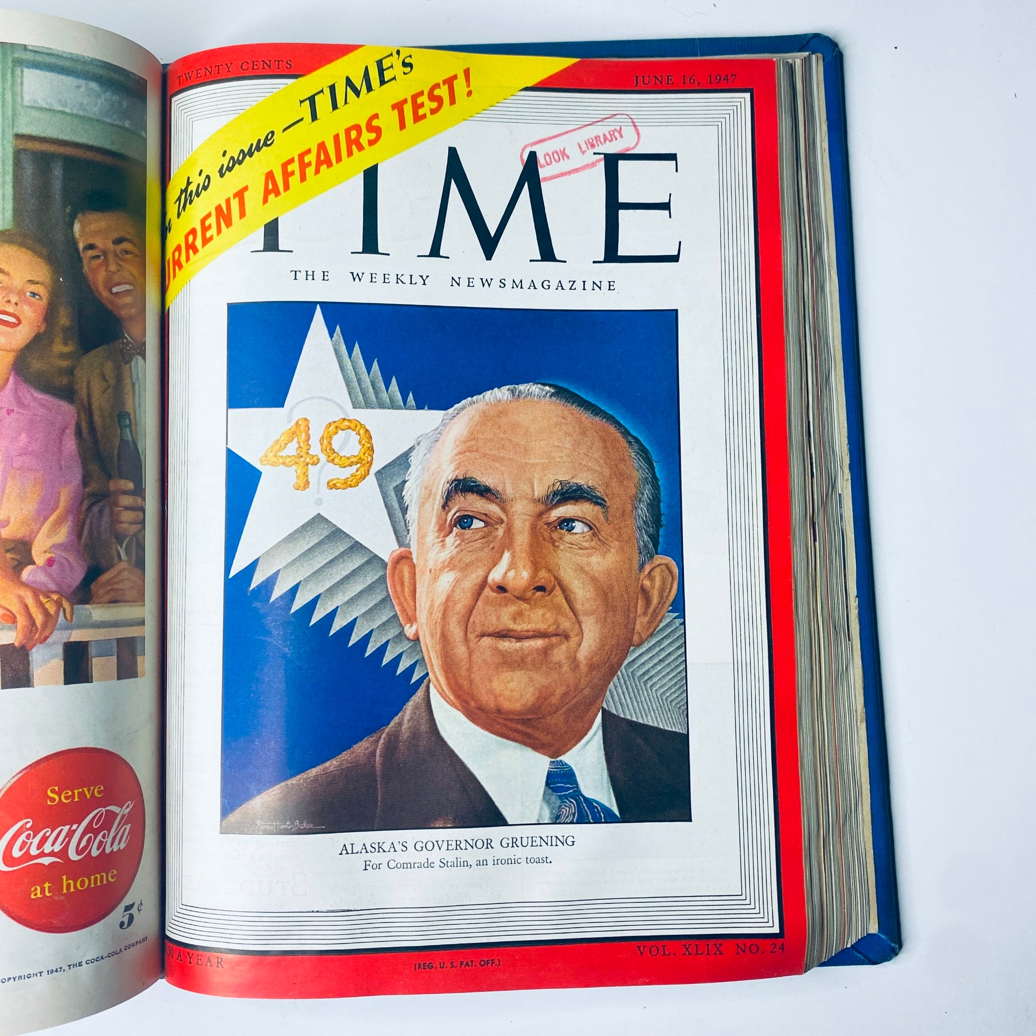Cover of Time Magazine from June 16, 1947 featuring Alaska's Governor Gruening, illustrated with a star theme in blue and gold. Time Magazine Library Bound Weekly April 7, 1947 - June 30, 1947 Mohandas Gandhi.