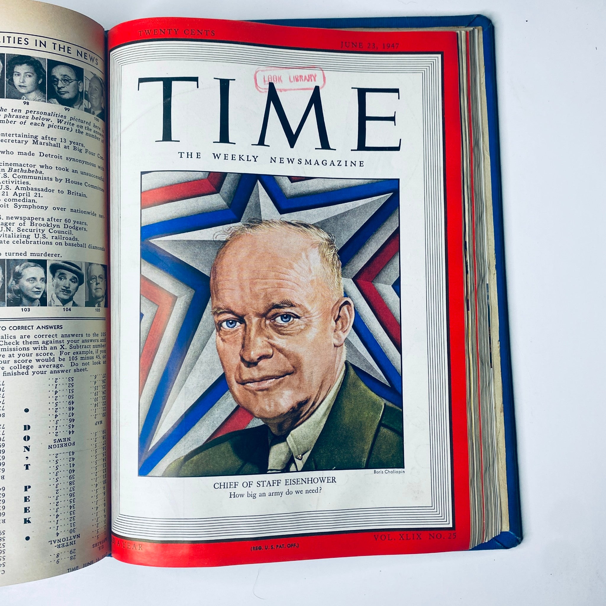 Cover of Time Magazine from June 23, 1947 depicting General Dwight D. Eisenhower, with dramatic red, white, and blue star motifs. Time Magazine Library Bound Weekly April 7, 1947 - June 30, 1947 Mohandas Gandhi.