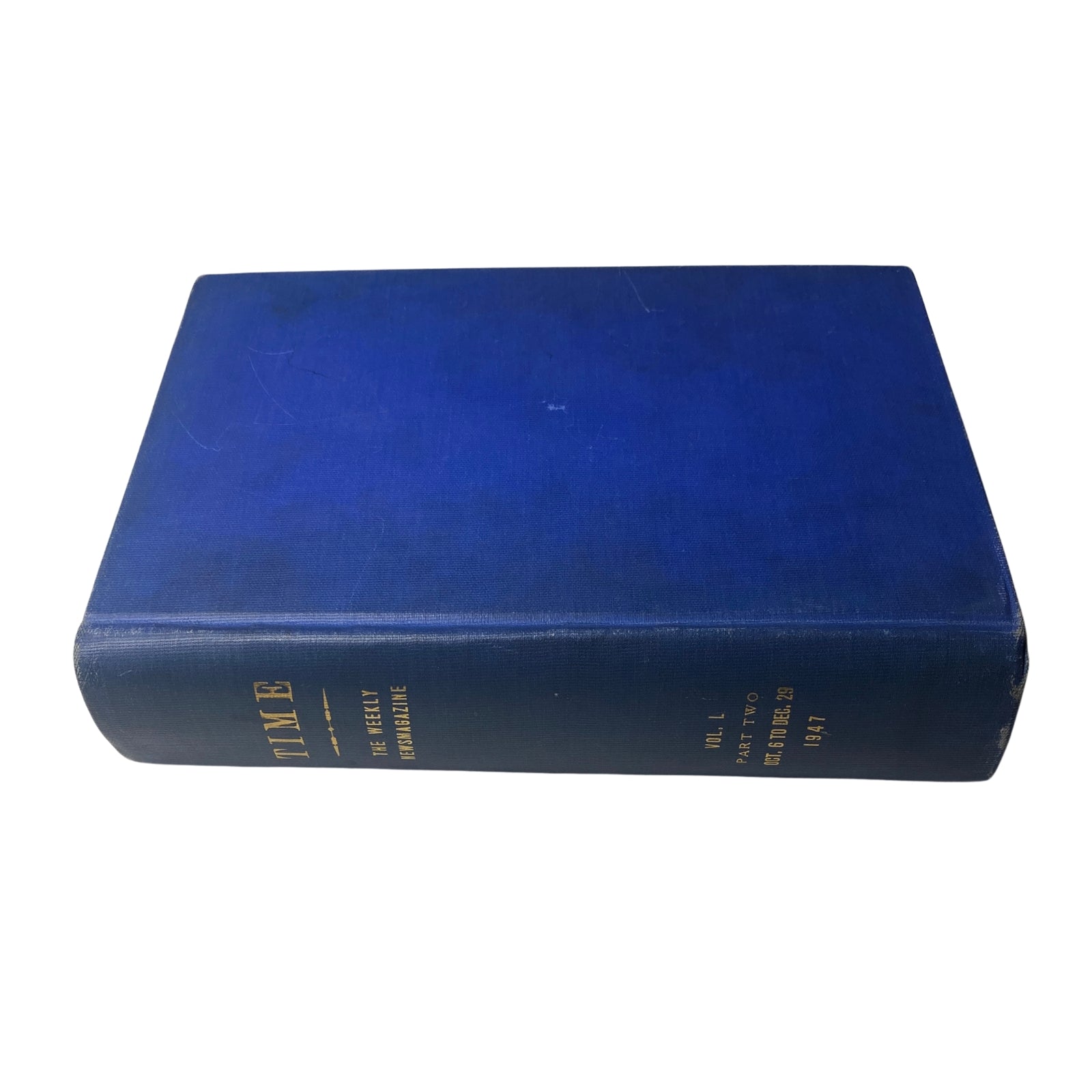 Top view of the Library Bound Weekly Time Magazine, showcasing the title and volume information for the period of October 6, 1947 to December 29, 1947.