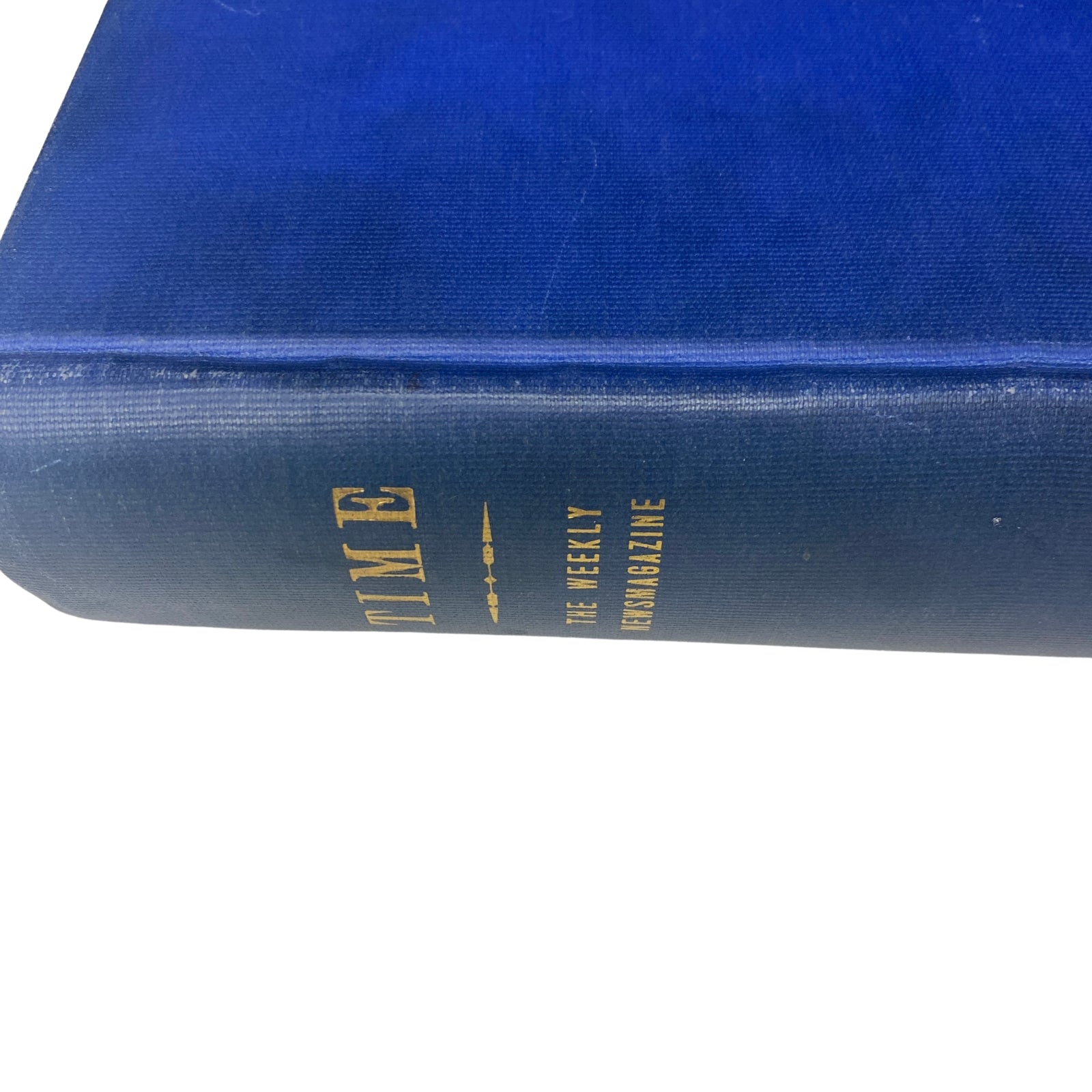 Side view of Time Magazine Library Bound Weekly Edition, featuring blue cover with gold lettering, dated October 6, 1947 - December 29, 1947.