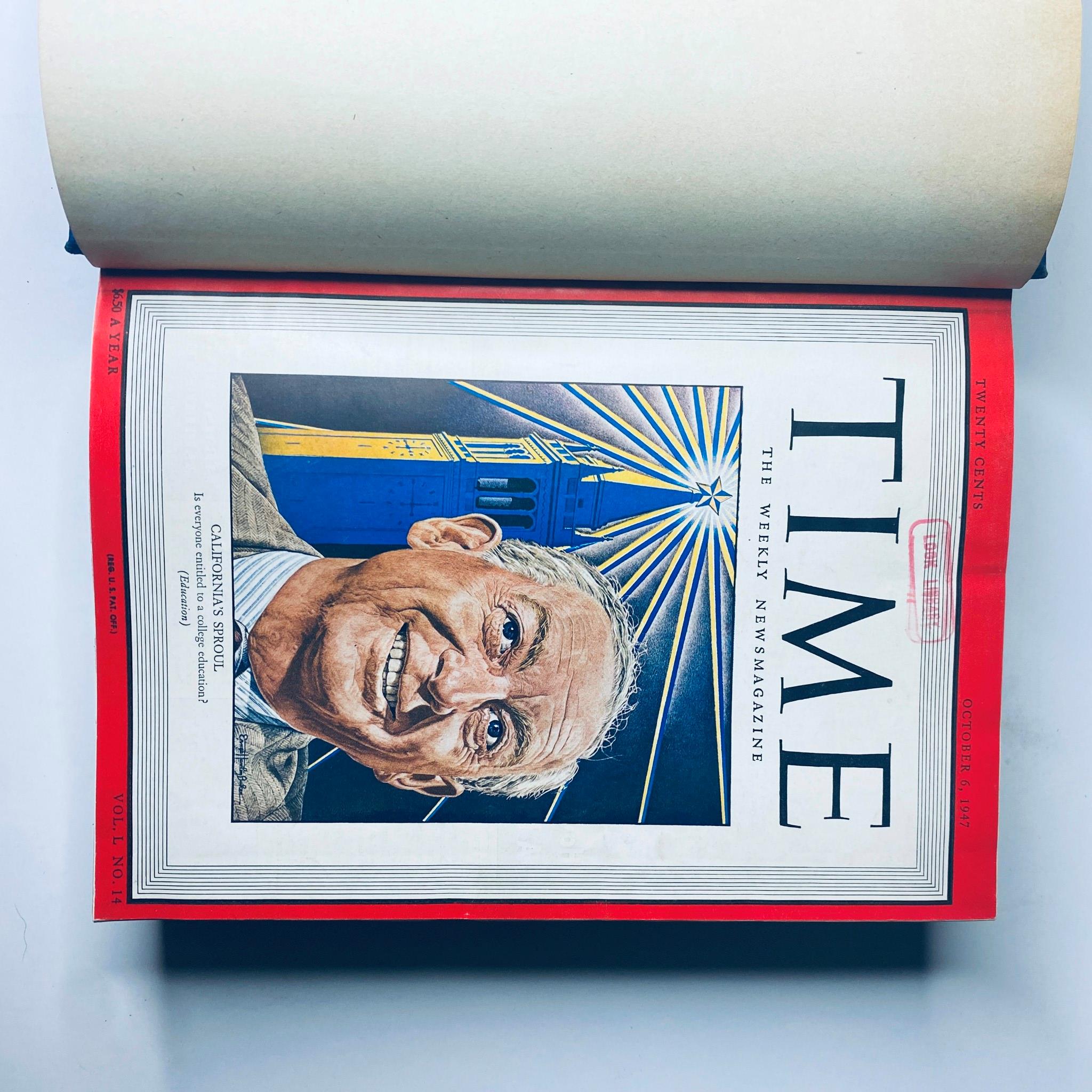 Cover image from Time Magazine Library Bound Weekly Edition, October 6, 1947, featuring a portrait of Earl Warren, highlighting key political figures.