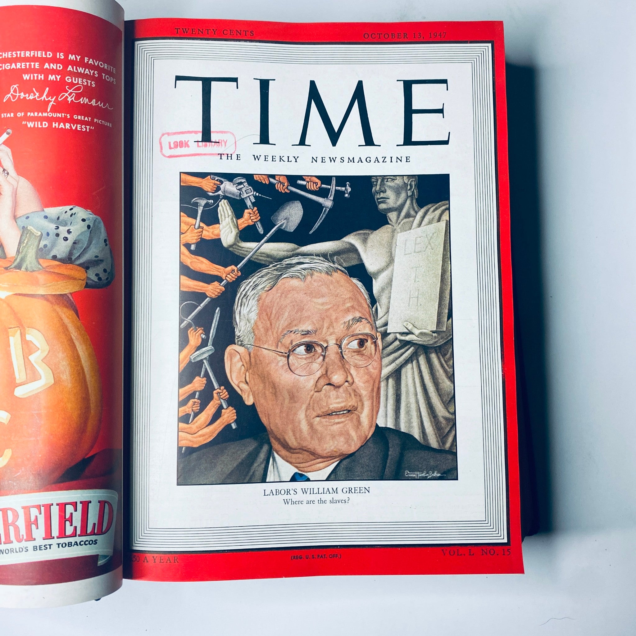 Cover image from Time Magazine Library Bound Weekly Edition, October 13, 1947, featuring a portrait of William Green, President of the American Federation of Labor.