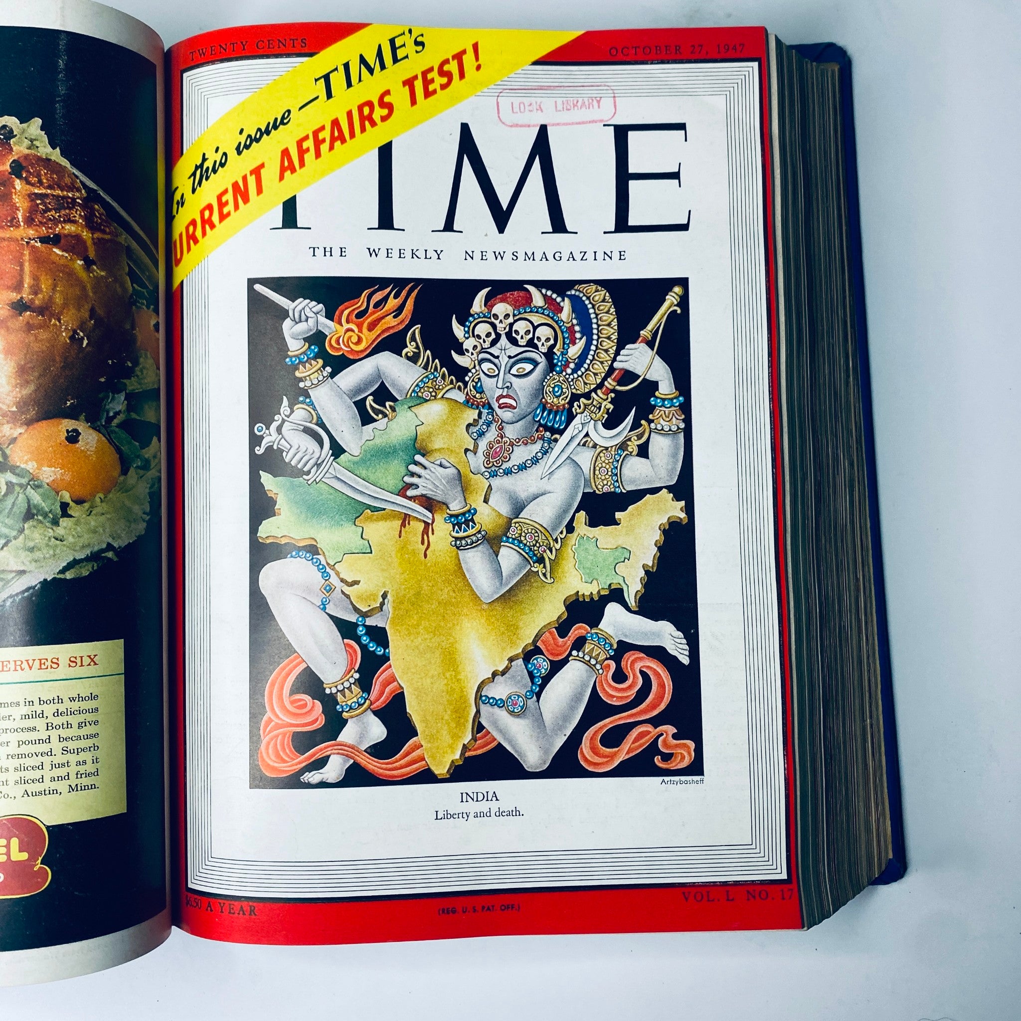 Time Magazine cover from October 27, 1947, illustrating India's cultural theme with a depiction of a deity, part of the collection 'Time Magazine Library Bound Weekly October 6, 1947 - December 29, 1947'.