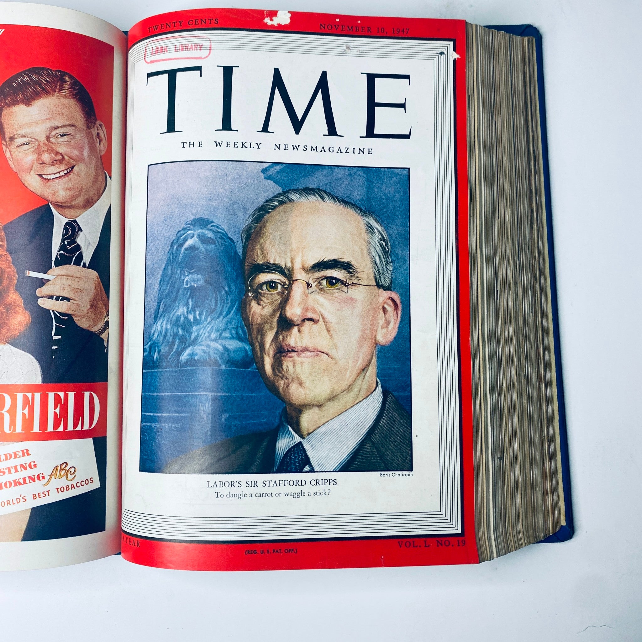 Time Magazine cover from November 10, 1947, featuring Sir Stafford Cripps, a prominent British politician, part of the collection 'Time Magazine Library Bound Weekly October 6, 1947 - December 29, 1947'.