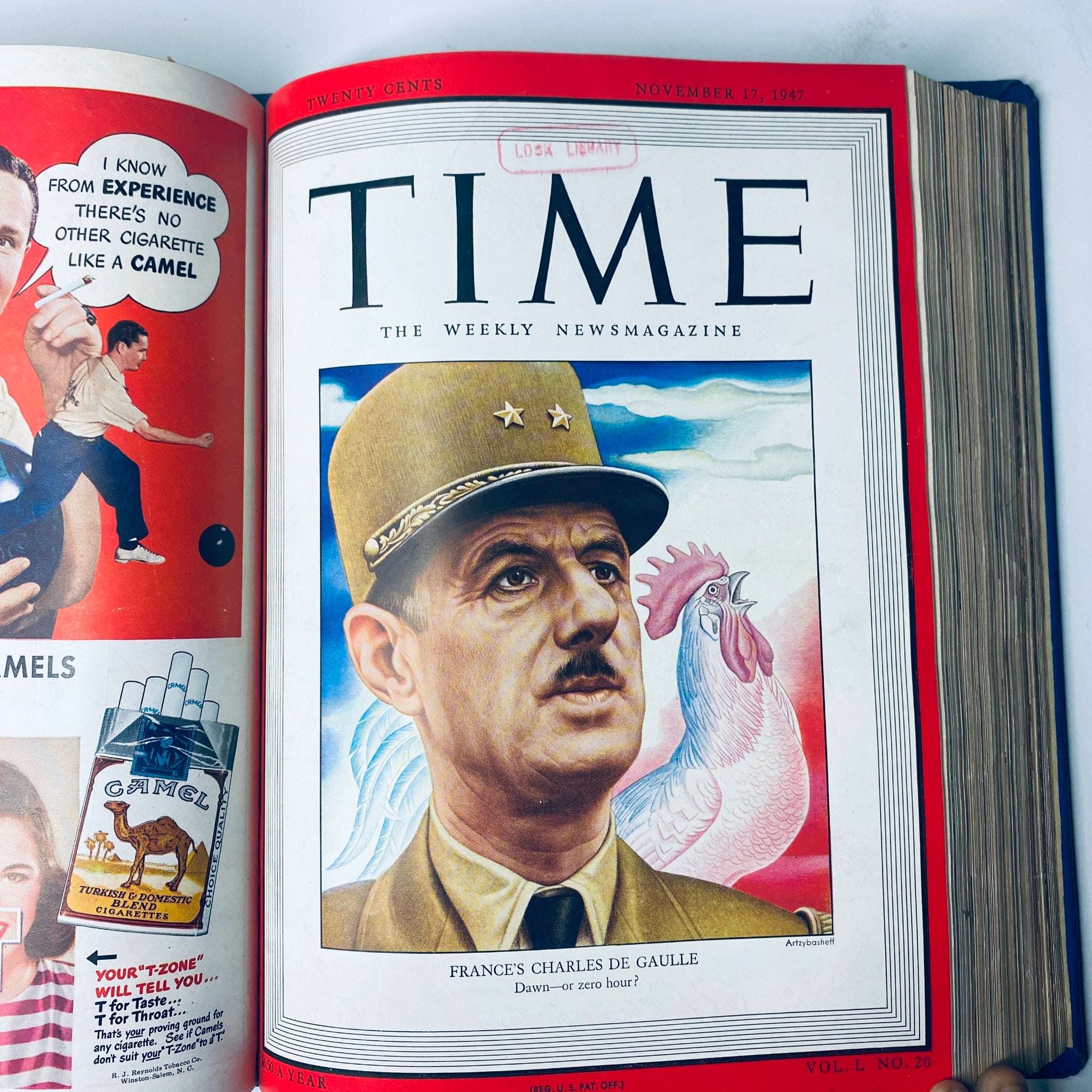Time Magazine cover from November 17, 1947, showcasing Charles de Gaulle, the French military leader, part of the collection 'Time Magazine Library Bound Weekly October 6, 1947 - December 29, 1947'.