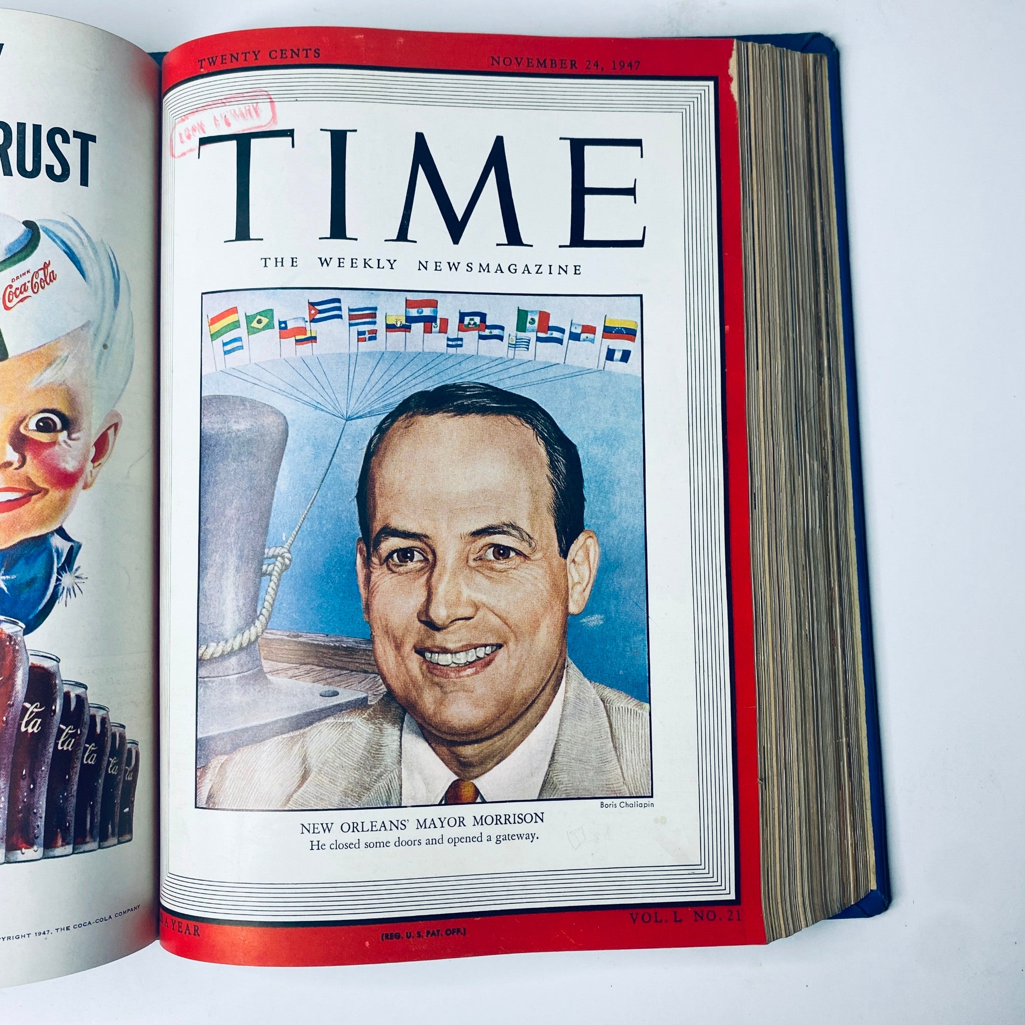 Time Magazine cover from November 24, 1947, depicting New Orleans Mayor deLesseps Story Morrison, part of the collection 'Time Magazine Library Bound Weekly October 6, 1947 - December 29, 1947'.