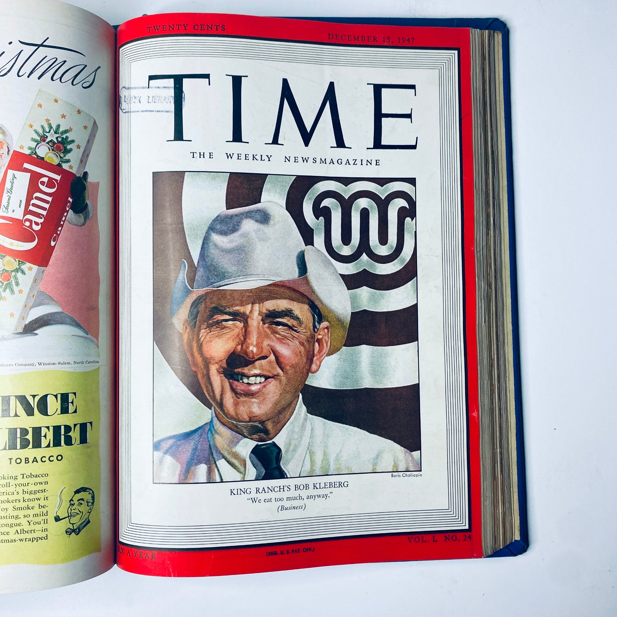 Cover of Time Magazine, December 15, 1947, featuring Bob Kleberg from King Ranch, discussing ranching practices. Included in the Time Magazine Library Bound Weekly collection.