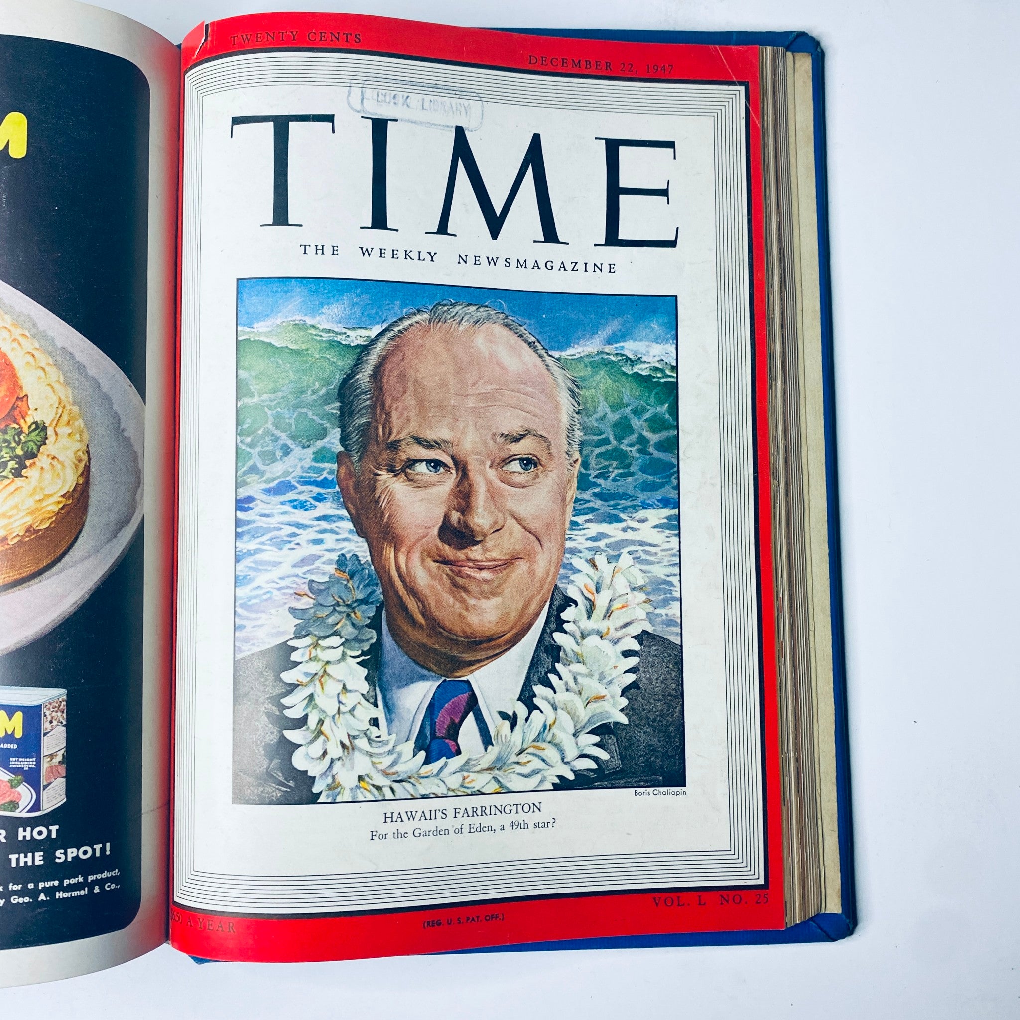 Cover of Time Magazine, December 22, 1947, featuring Hawaii's Delegate to Congress Joseph Farrington, reflecting on Hawaii's political landscape. From the Time Magazine Library Bound Weekly collection.