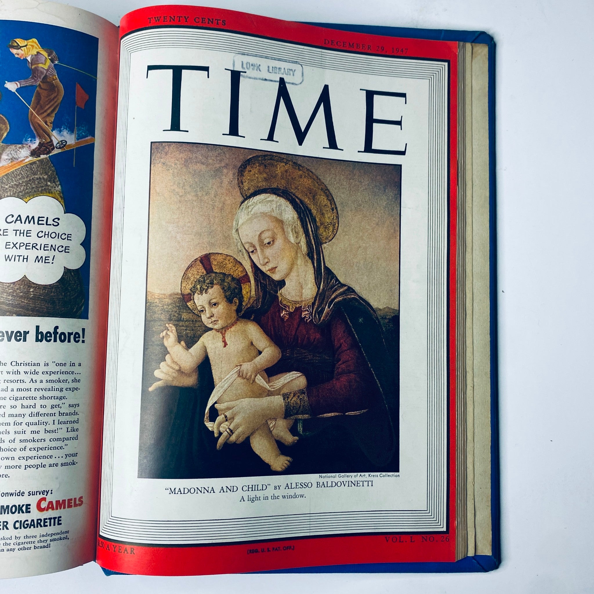 Cover page of Time Magazine Library Bound Weekly, December 29, 1947 edition featuring 'Madonna and Child' by Alesso Baldovinetti, showcasing cultural and seasonal themes.