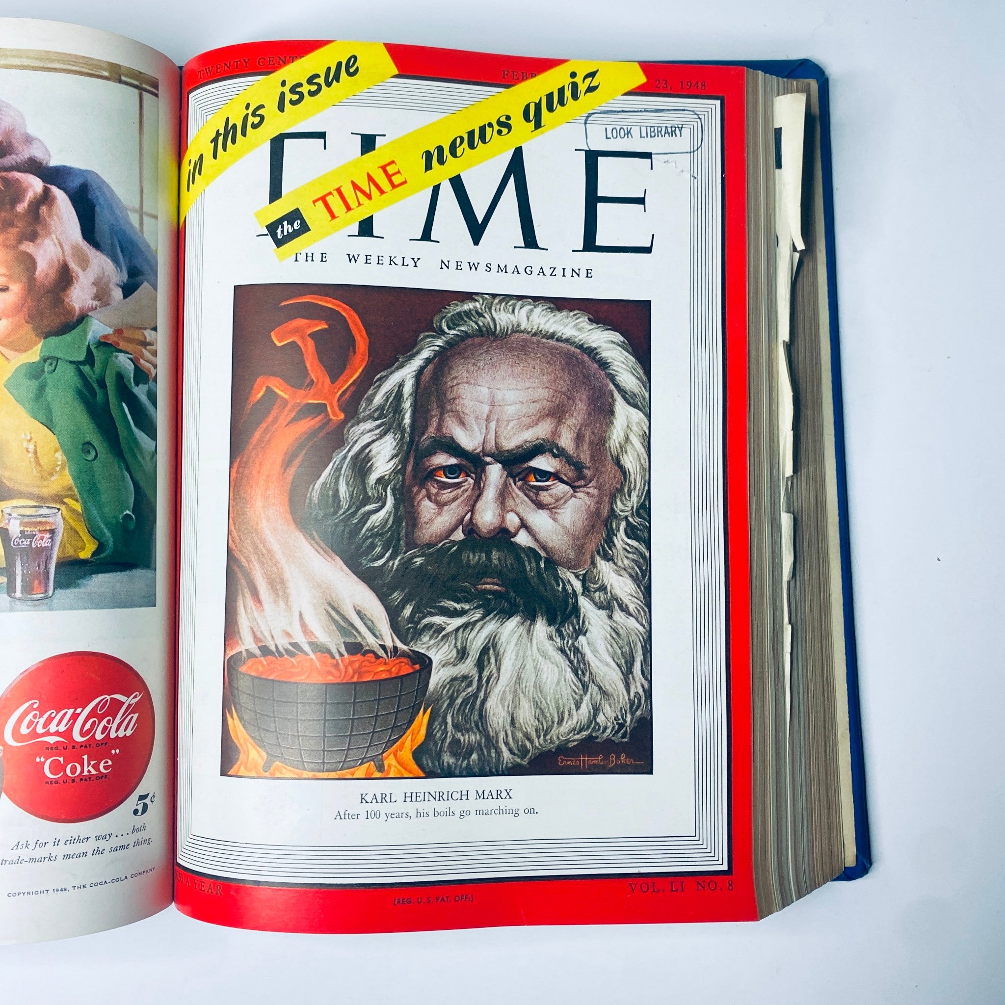 Cover of Time Magazine Library Bound Weekly January 5 to March 29, 1948, featuring Karl Marx with a fiery backdrop, highlighting Cold War themes.