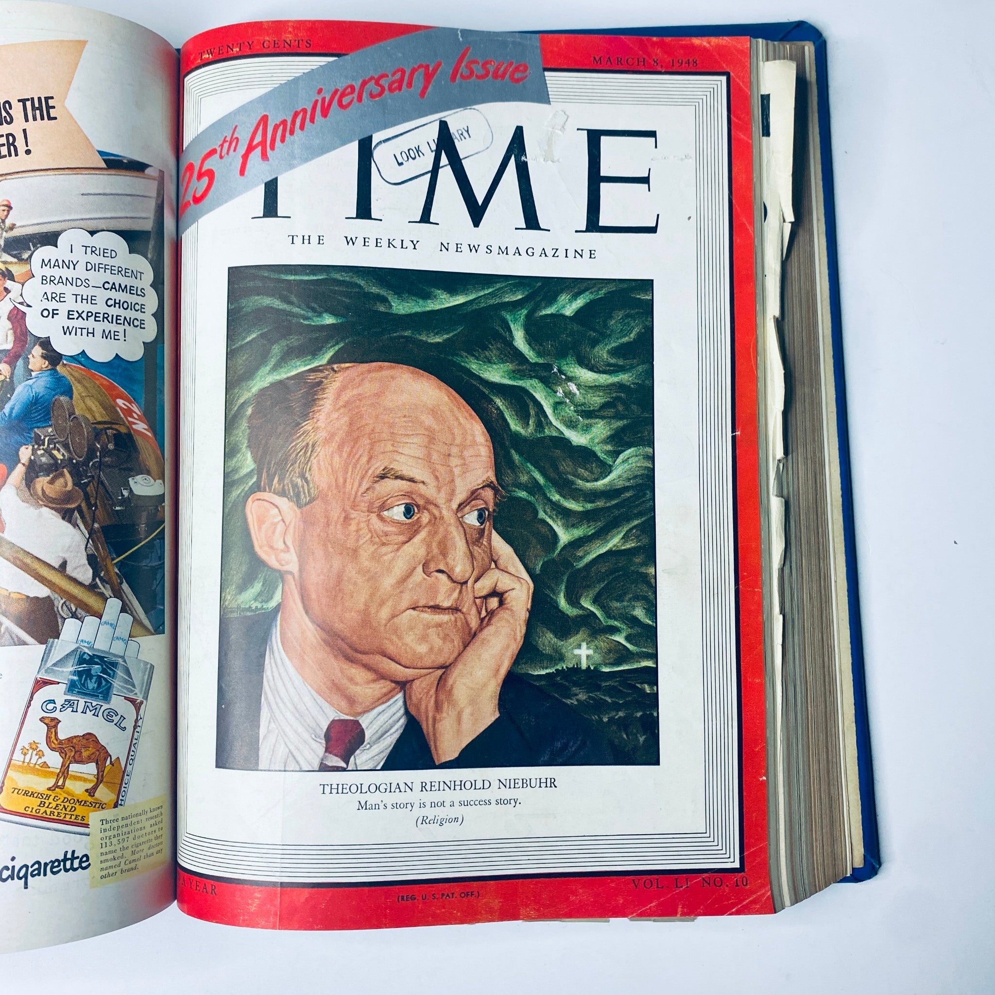 Cover of Time Magazine Library Bound Weekly January 5 to March 29, 1948, displaying theologian Reinhold Niebuhr, emphasizing human stories in a post-war context.