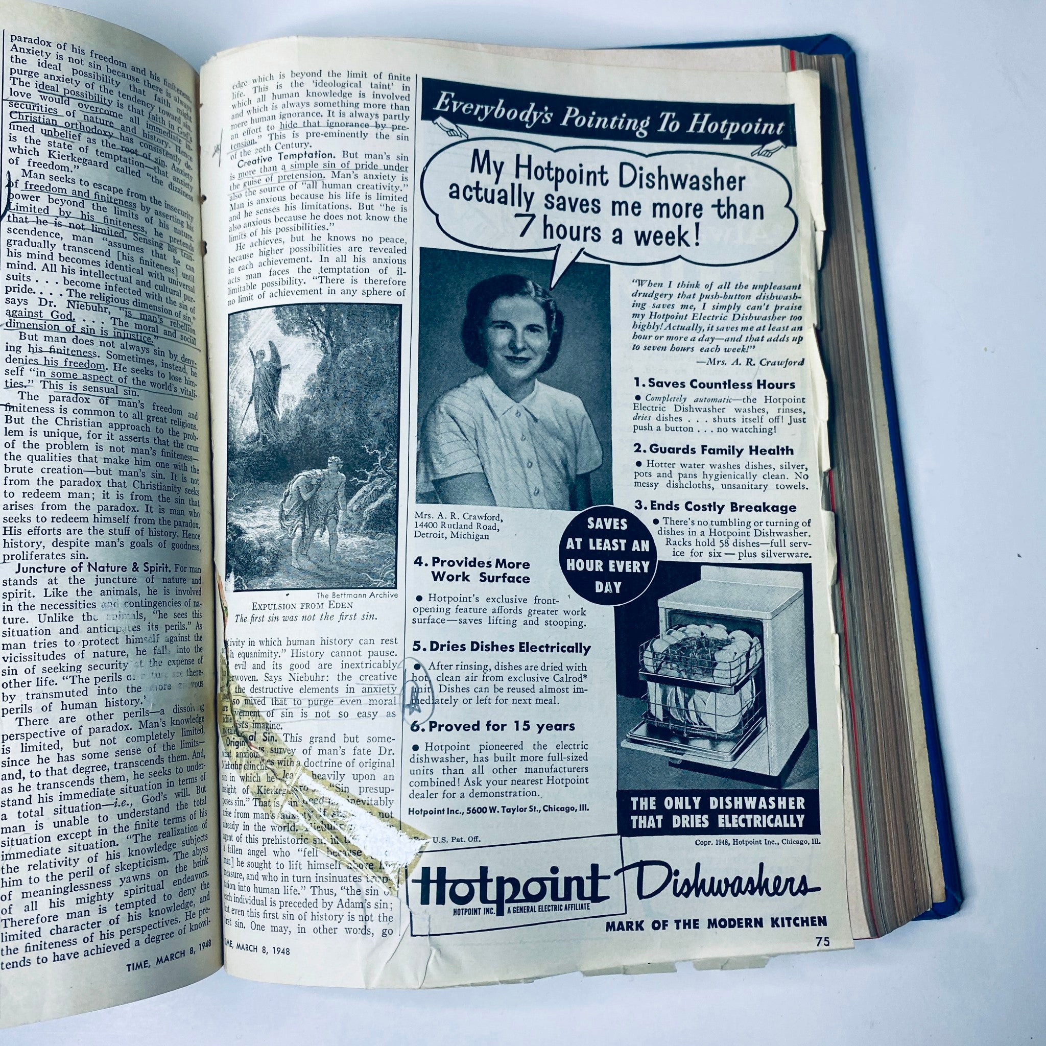 Advertisement page from Time Magazine Library Bound Weekly January 5 to March 29, 1948, featuring a Hotpoint Dishwasher ad with a woman promoting time-saving features.