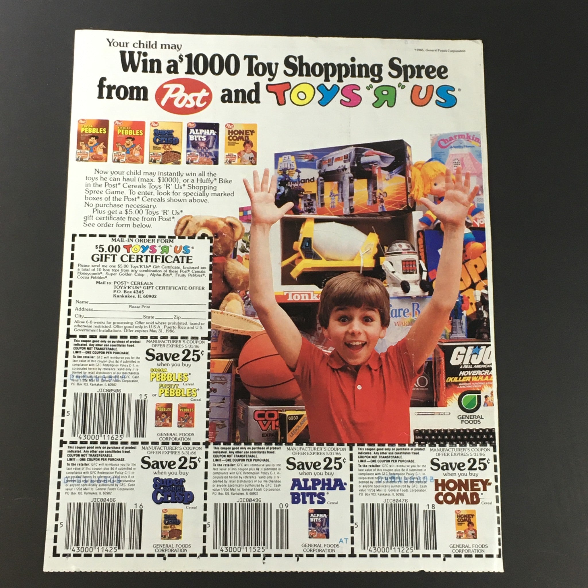 VTG Retro 1985 Post Pebbles Super Crisp Cereals & Toys R Us Gift Certificate