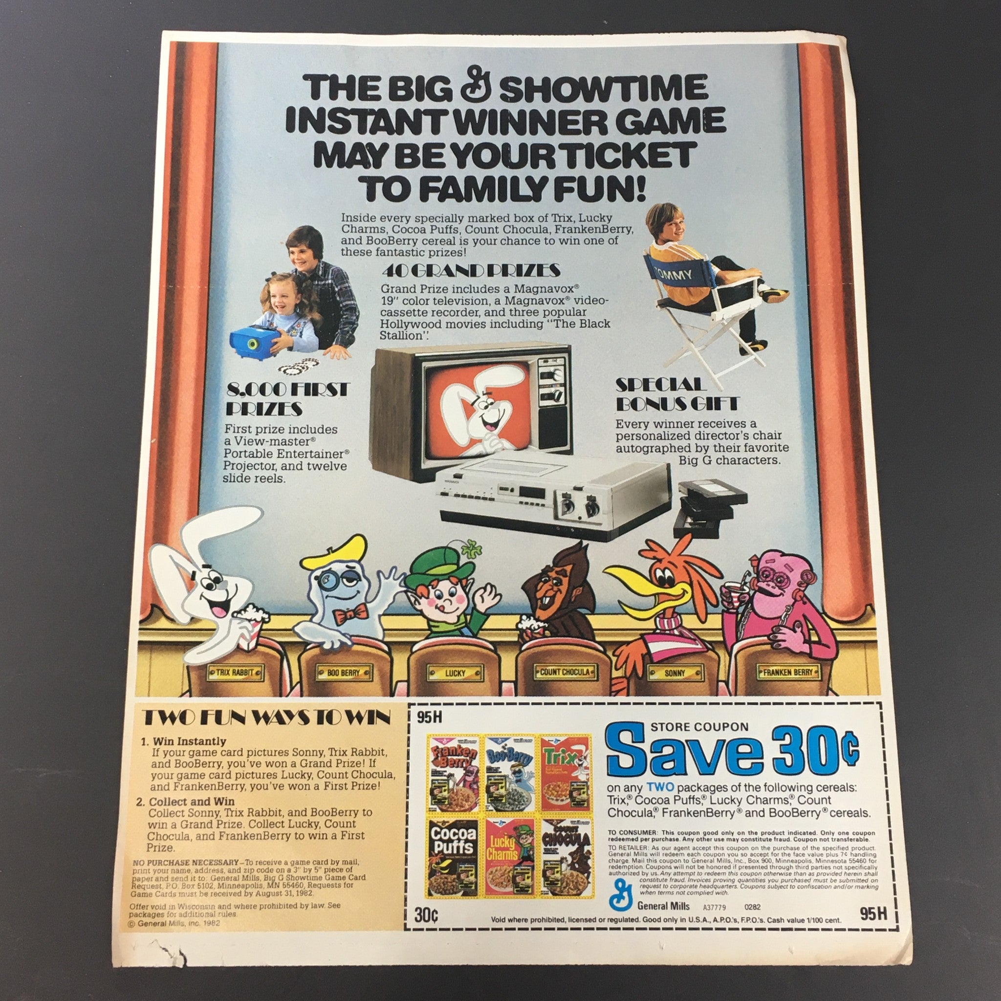 VTG 1982 General Mill's Trix, Cocoa Puffs, Lucky Charms Cereals Print Ad Coupon featuring cartoon characters and promotional content for a family fun game.