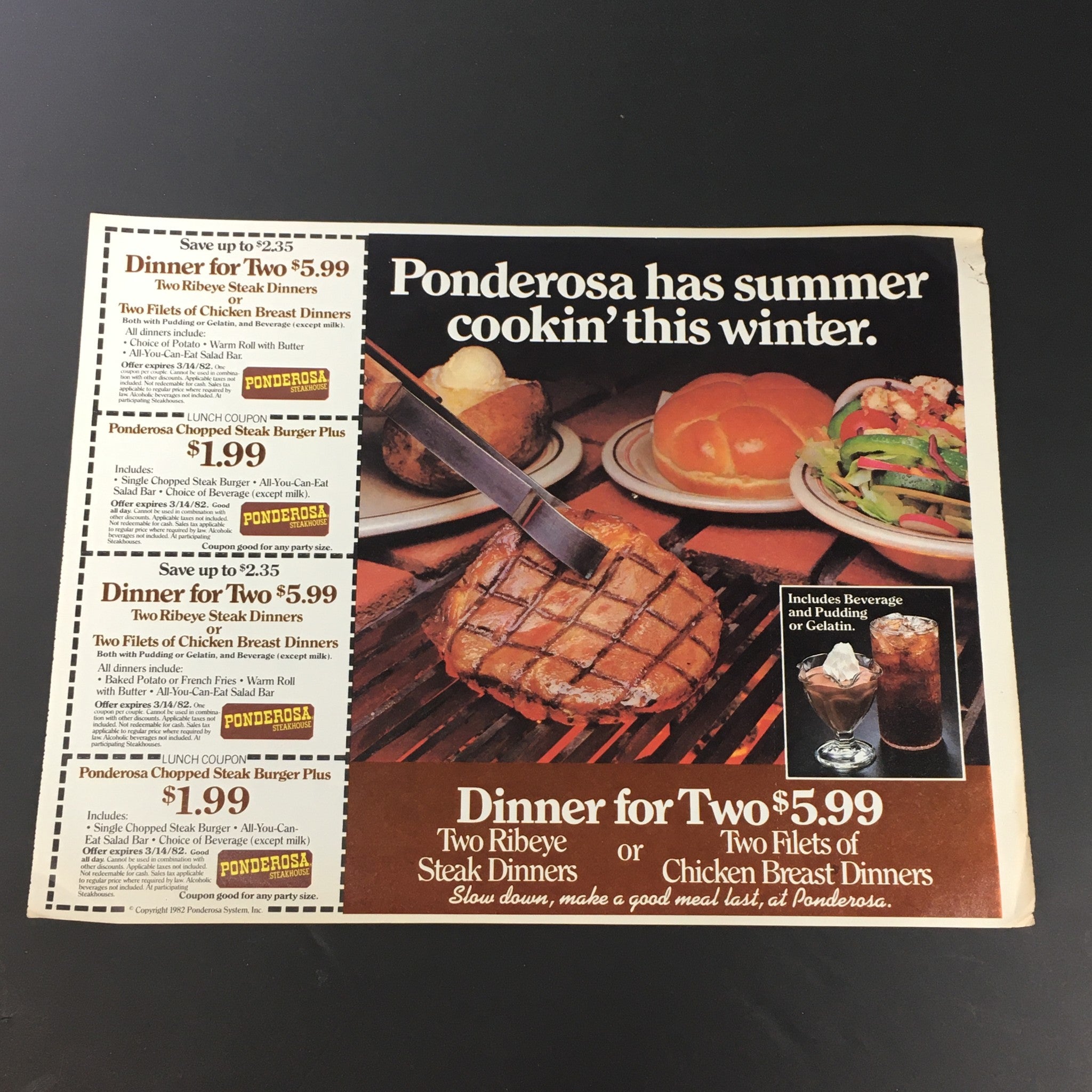 VTG 1982 General Mill's Trix, Cocoa Puffs, Lucky Charms Cereals Print Ad Coupon showing a mouthwatering Ponderosa steak dinner advertisement with pricing details.