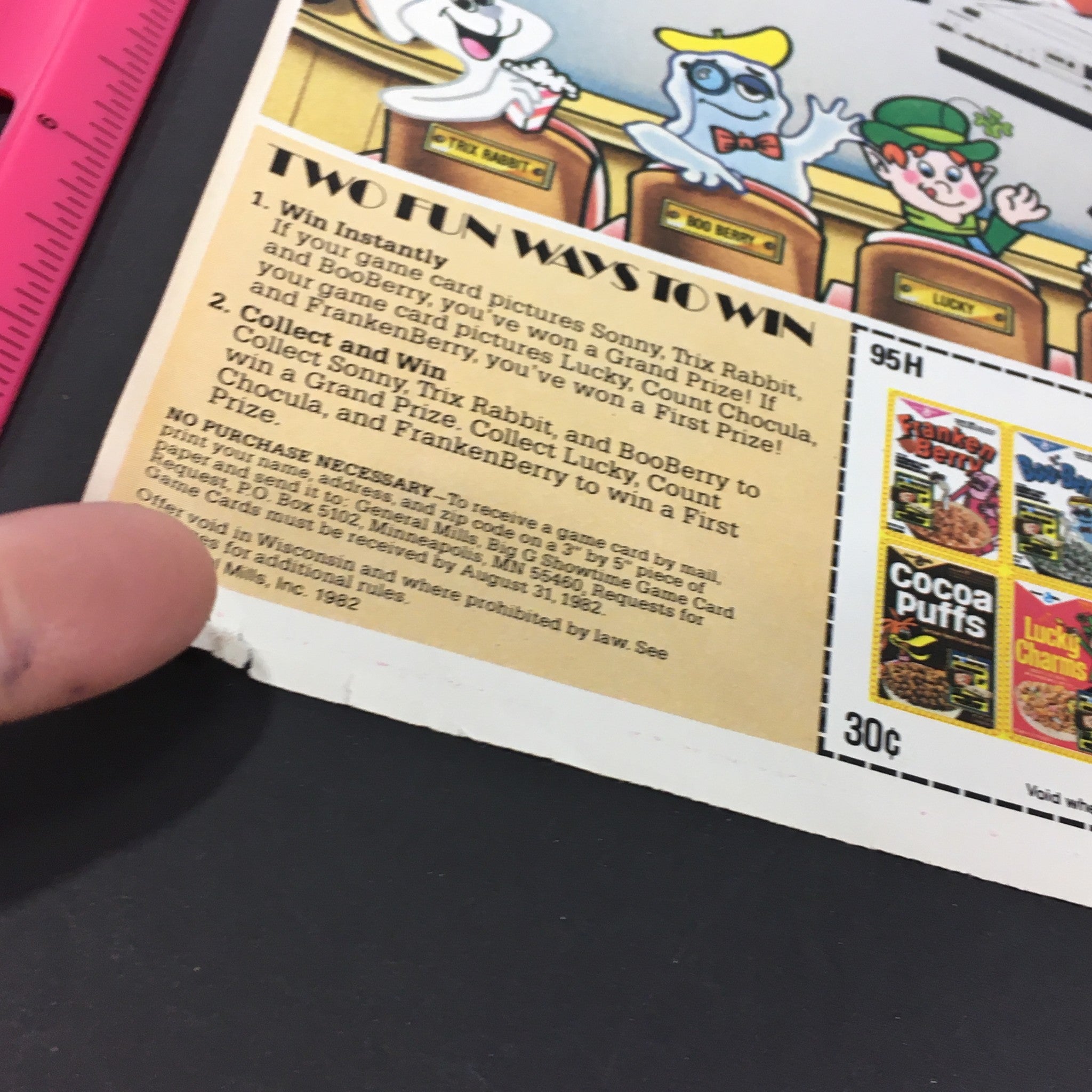 VTG 1982 General Mill's Trix, Cocoa Puffs, Lucky Charms Cereals Print Ad Coupon highlighting the two ways to win with characters from the Trix cereal advertising campaign.