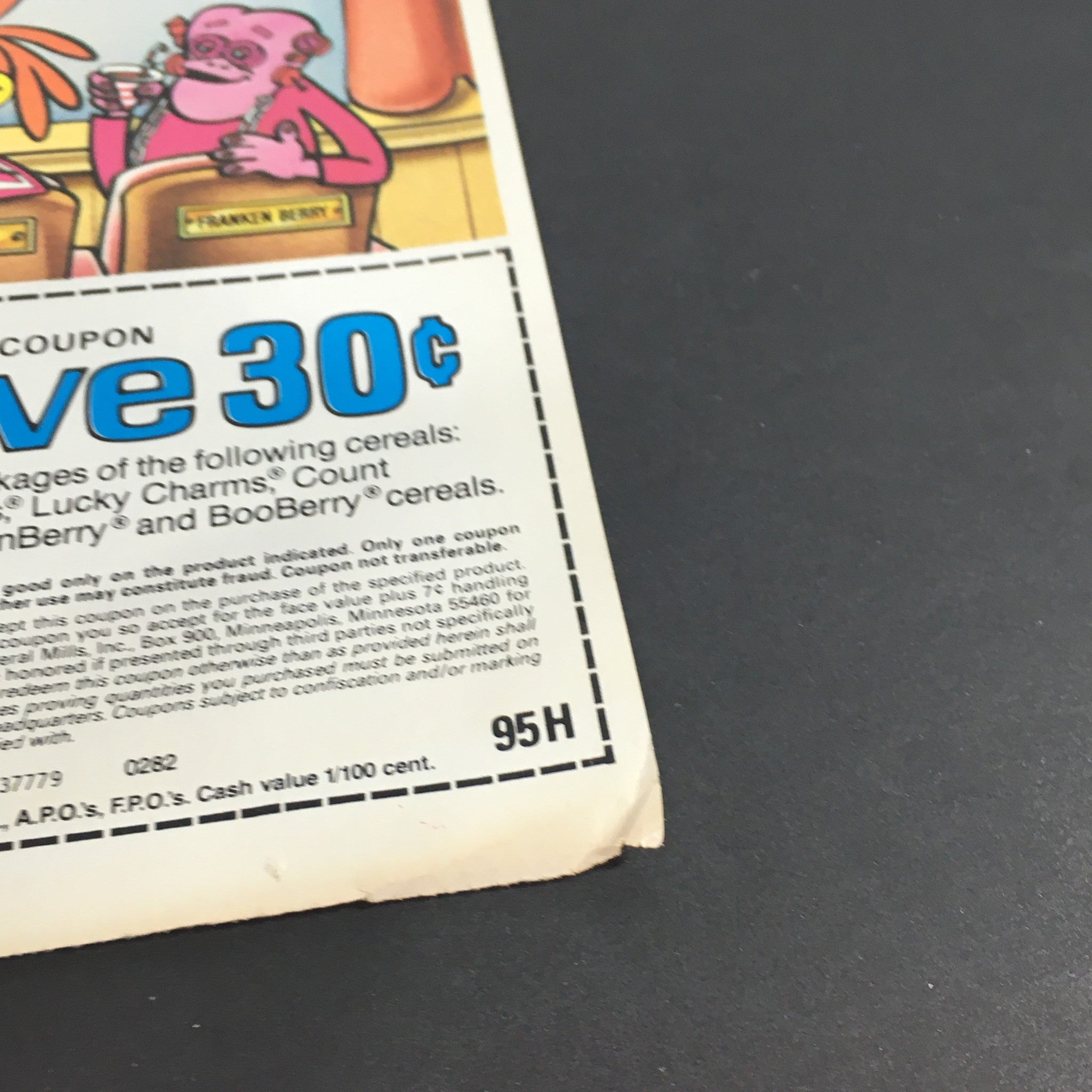 VTG 1982 General Mill's Trix, Cocoa Puffs, Lucky Charms Cereals Print Ad Coupon displaying a 30 cents off coupon for cereal products alongside promotional graphics.