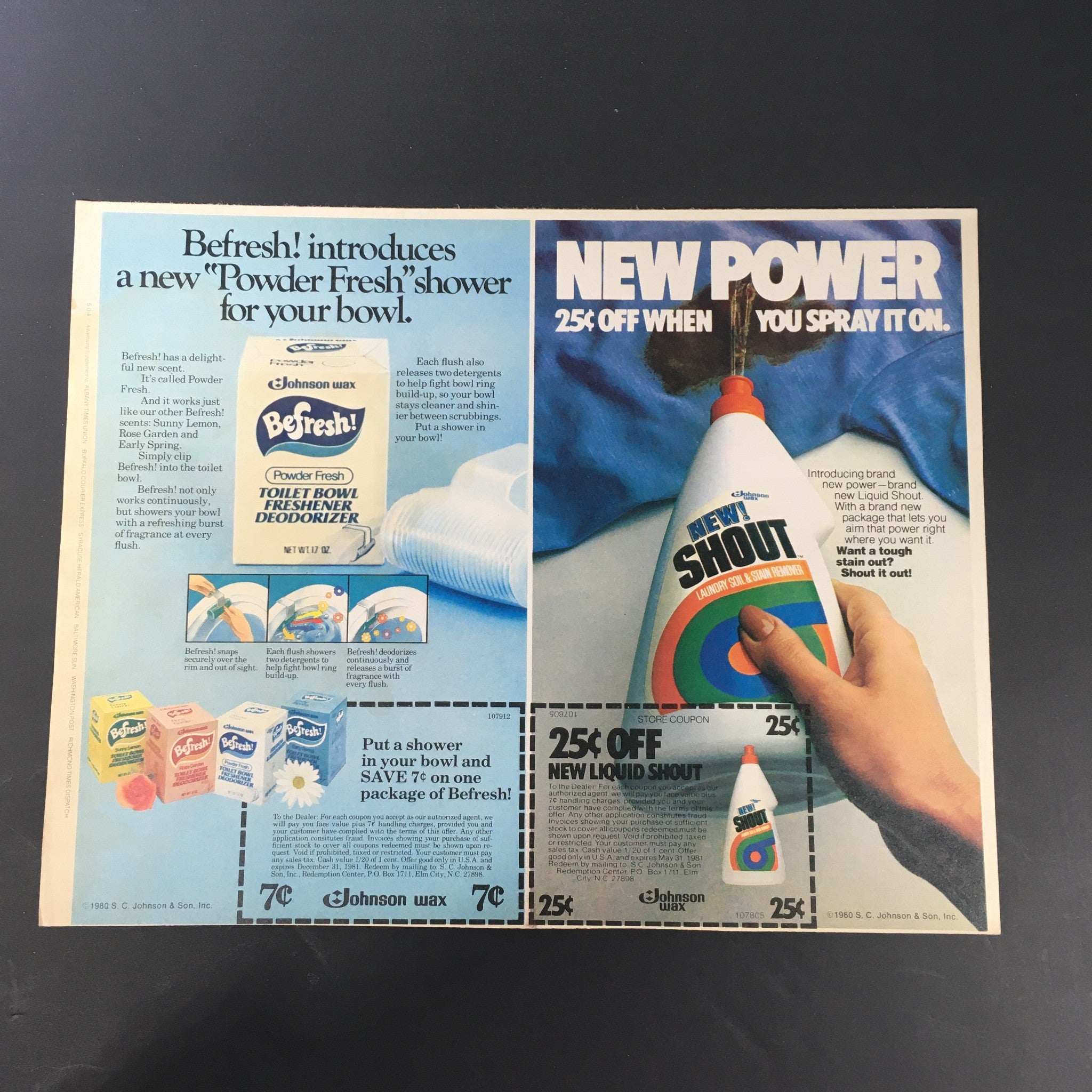 VTG 1980 Johnson Wax BeFresh Toilet Deodorizer & Shout Stain Remover Ad Coupon