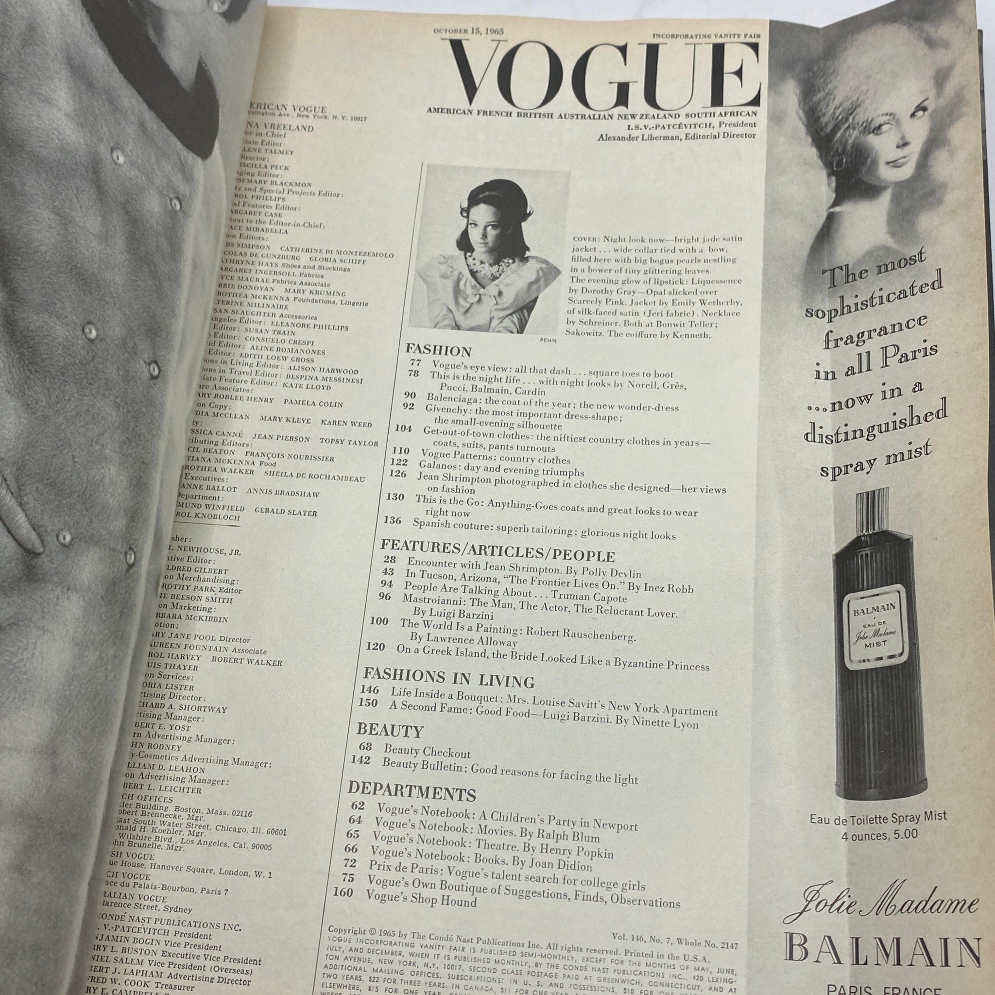 VTG Vogue Magazine October 15 1965 Marisa Berenson by Irving Penn No Label