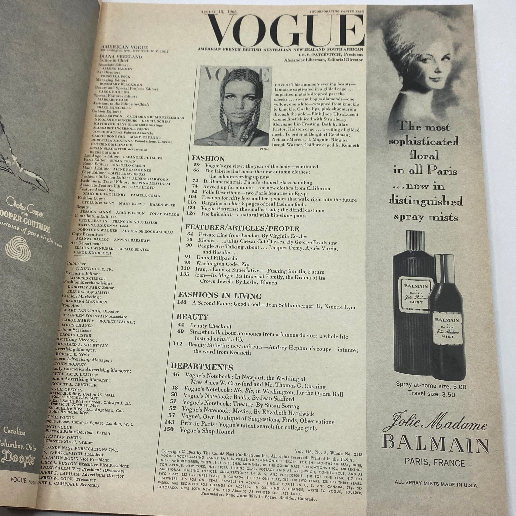 VTG Vogue Magazine August 15 1965 Veruschka von Lehndorff No Label