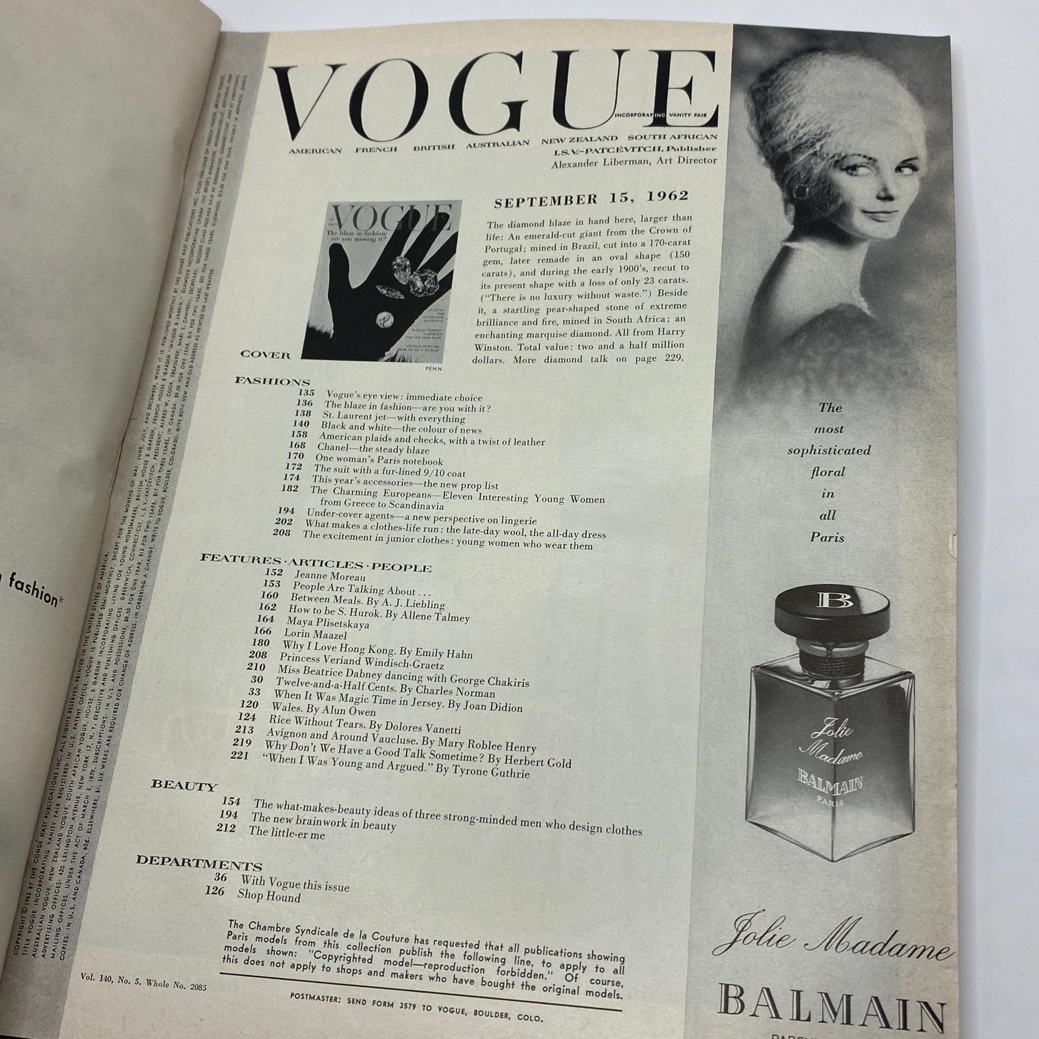 VTG Vogue Magazine September 15 1962 The $2,000.000 Diamonds No Label